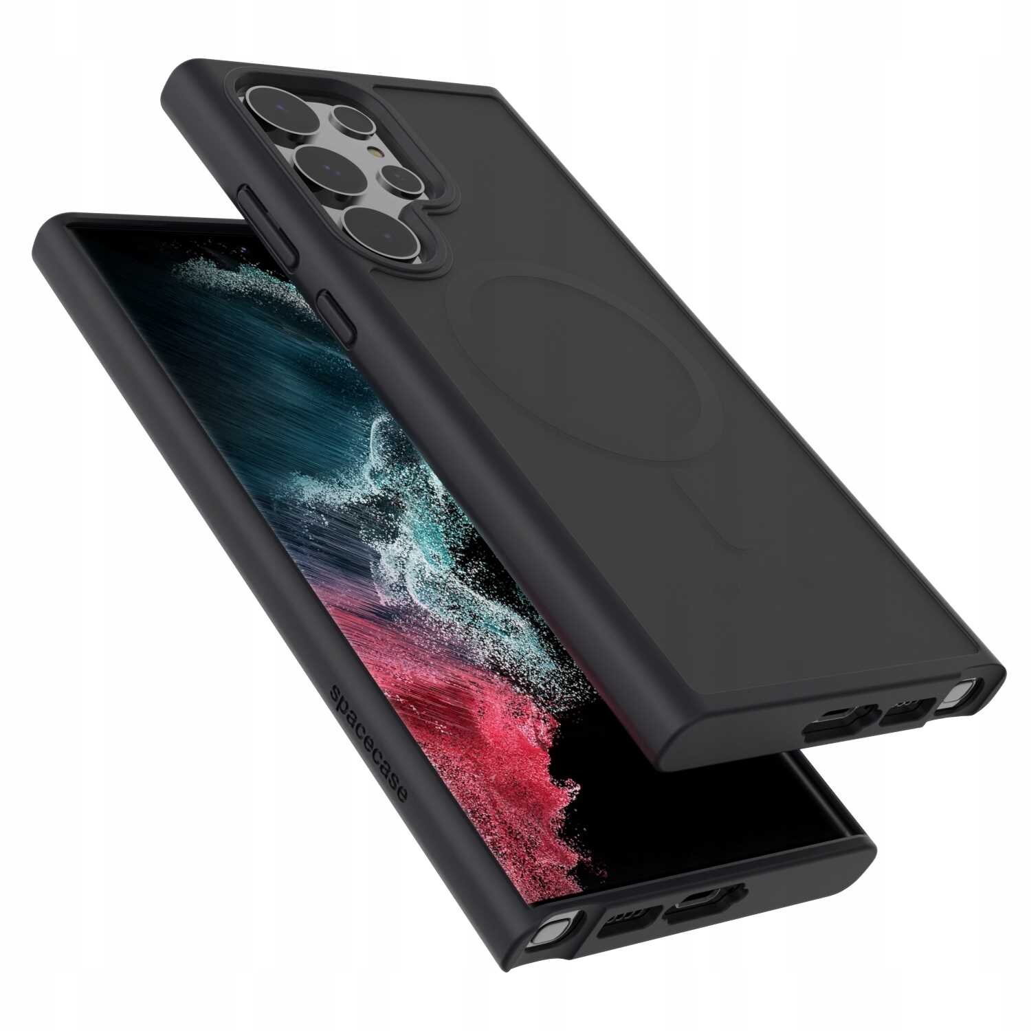Czarne etui magnetyczne SPACECASE Hybrid Mag do Galaxy S22 Ultra, z widocznymi wycięciami na aparat i porty. Na etui znajduje się napis \'spacecase\'.