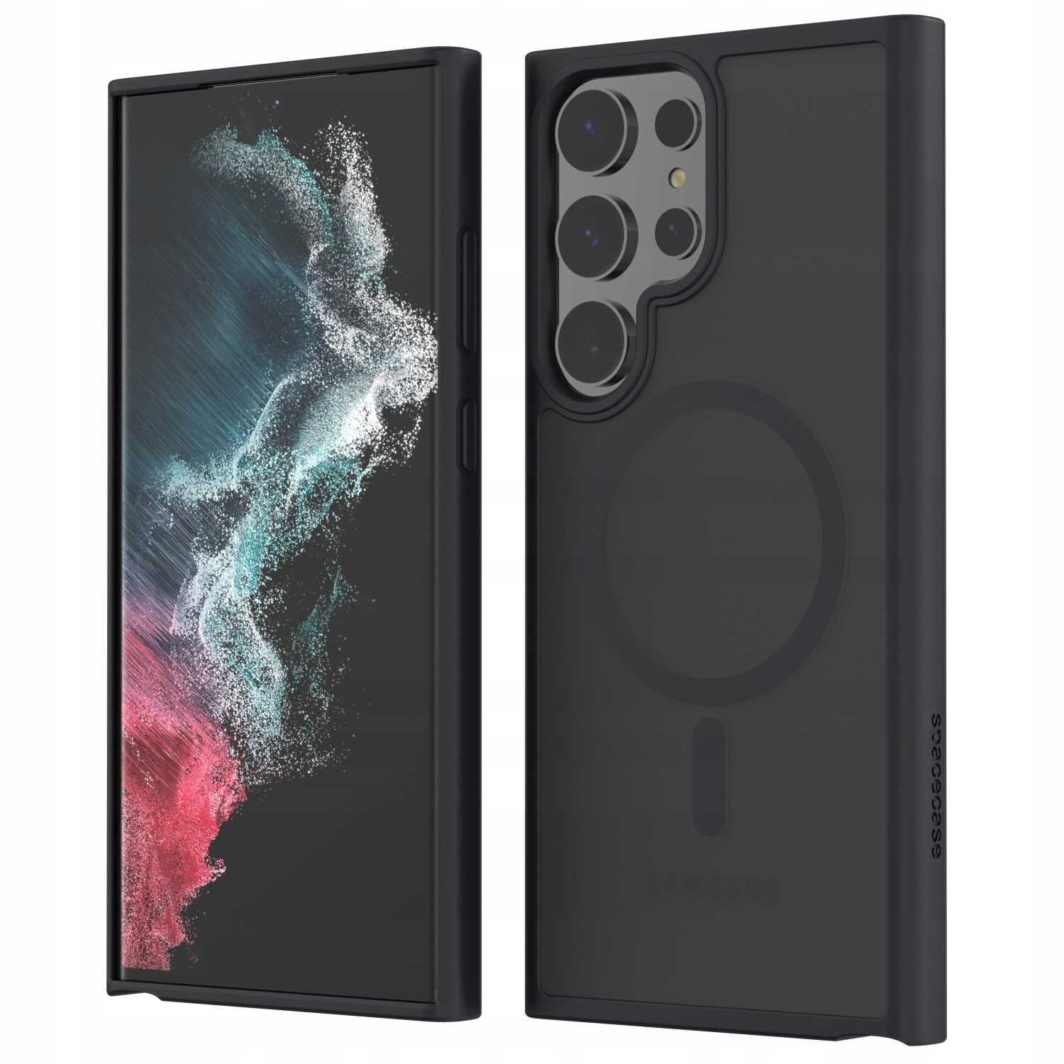Obraz przedstawia czarne etui magnetyczne na telefon z widocznymi wycięciami na aparat i przyciski. Na etui znajduje się napis \'spacecase\'.