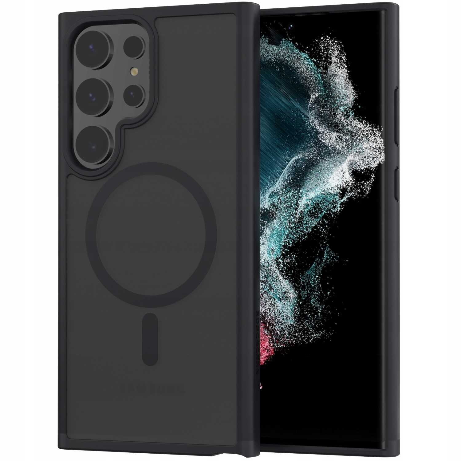 Czarne etui magnetyczne na telefon z widocznym okrągłym wzorem na tylnej części. Obok etui znajduje się telefon z wyświetlaczem pokazującym abstrakcyjny wzór w kolorach białym, niebieskim i różowym.