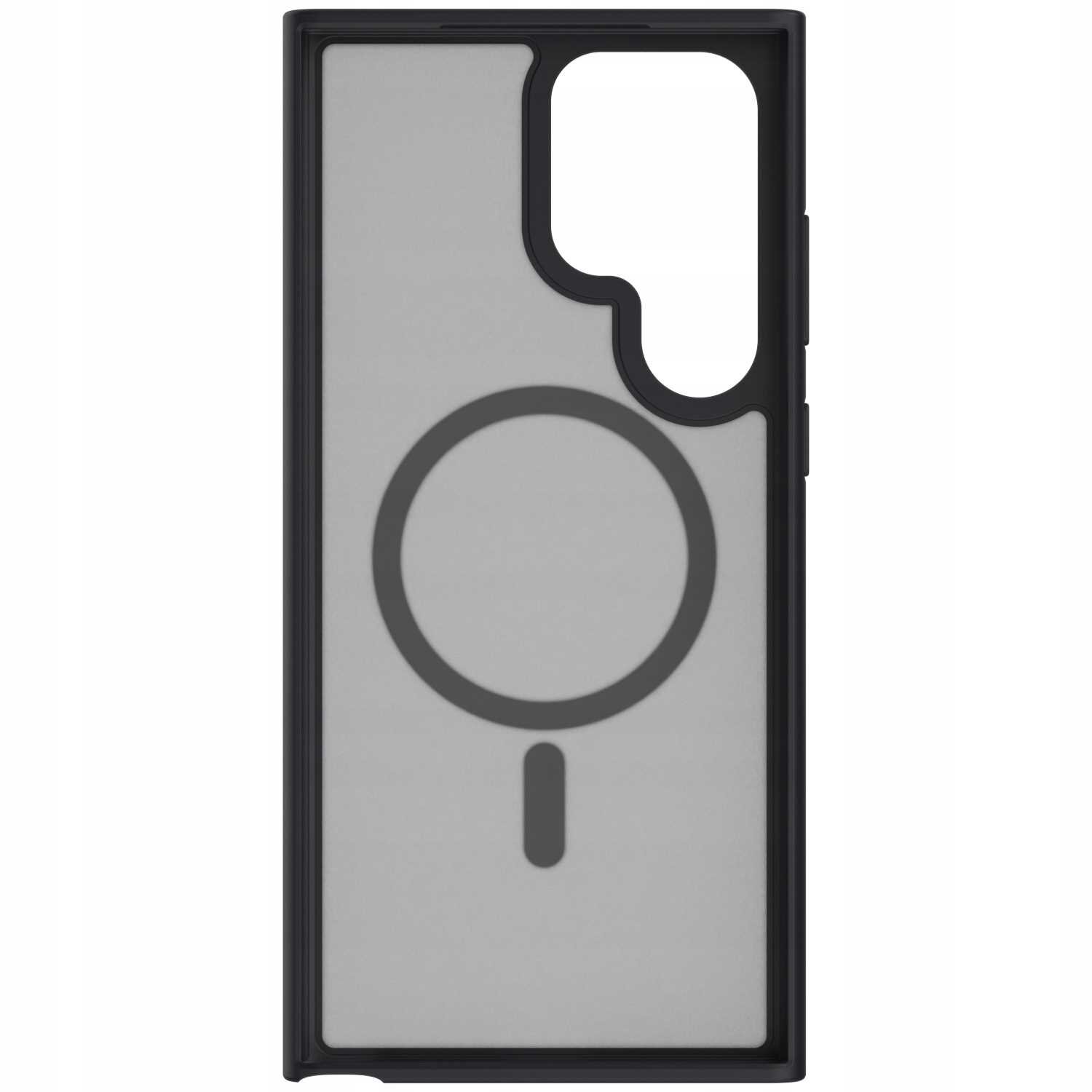 Czarne etui magnetyczne z przezroczystym tyłem i okrągłym symbolem na środku, przeznaczone do telefonu Galaxy S23 Ultra.