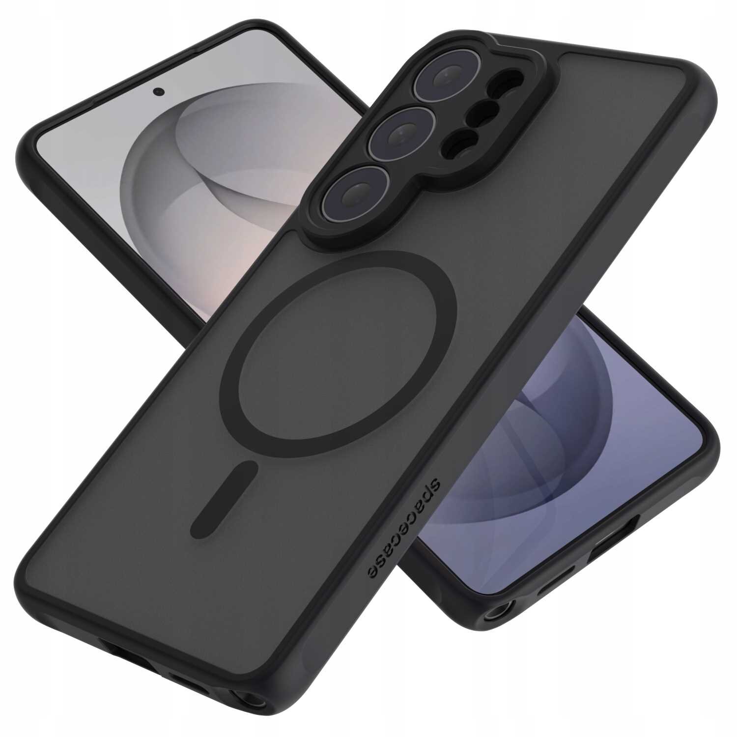 Na obrazie widoczne są dwa telefony z założonymi czarnymi etui, jedno z nich ma napis \'SPACECASE\'. Etui posiada okrągły wzór sugerujący kompatybilność z MagSafe.
