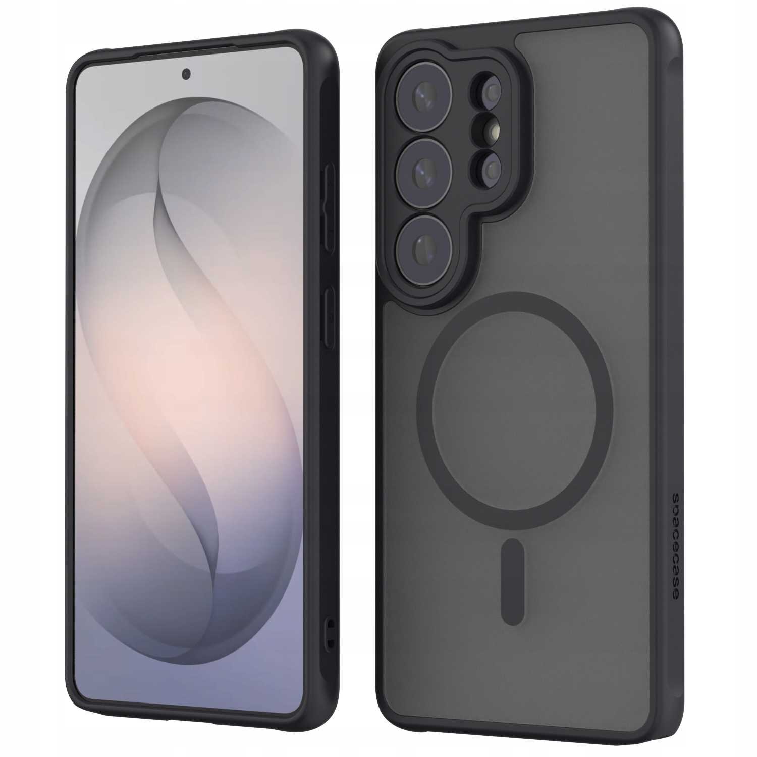 Obraz przedstawia etui magnetyczne do telefonu z widocznym okrągłym wzorem na tylnej części oraz wycięciem na aparat. Na etui znajduje się napis \'SPACECASE\'.