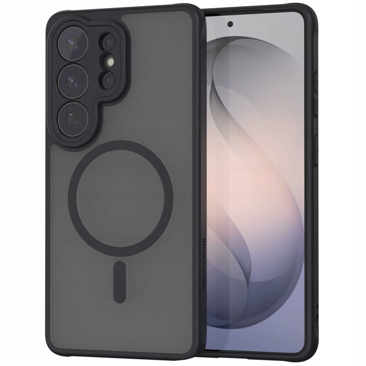 Obraz przedstawia etui magnetyczne do telefonu z widocznym okrągłym symbolem na tylnej części. Etui jest w kolorze ciemnoszarym z wycięciem na aparat fotograficzny.