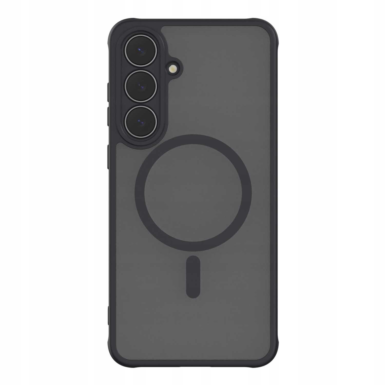 Czarne etui na telefon z trzema otworami na aparaty i okrągłym wzorem na tylnej części. Etui ma przezroczystą powierzchnię z ciemnym obramowaniem.