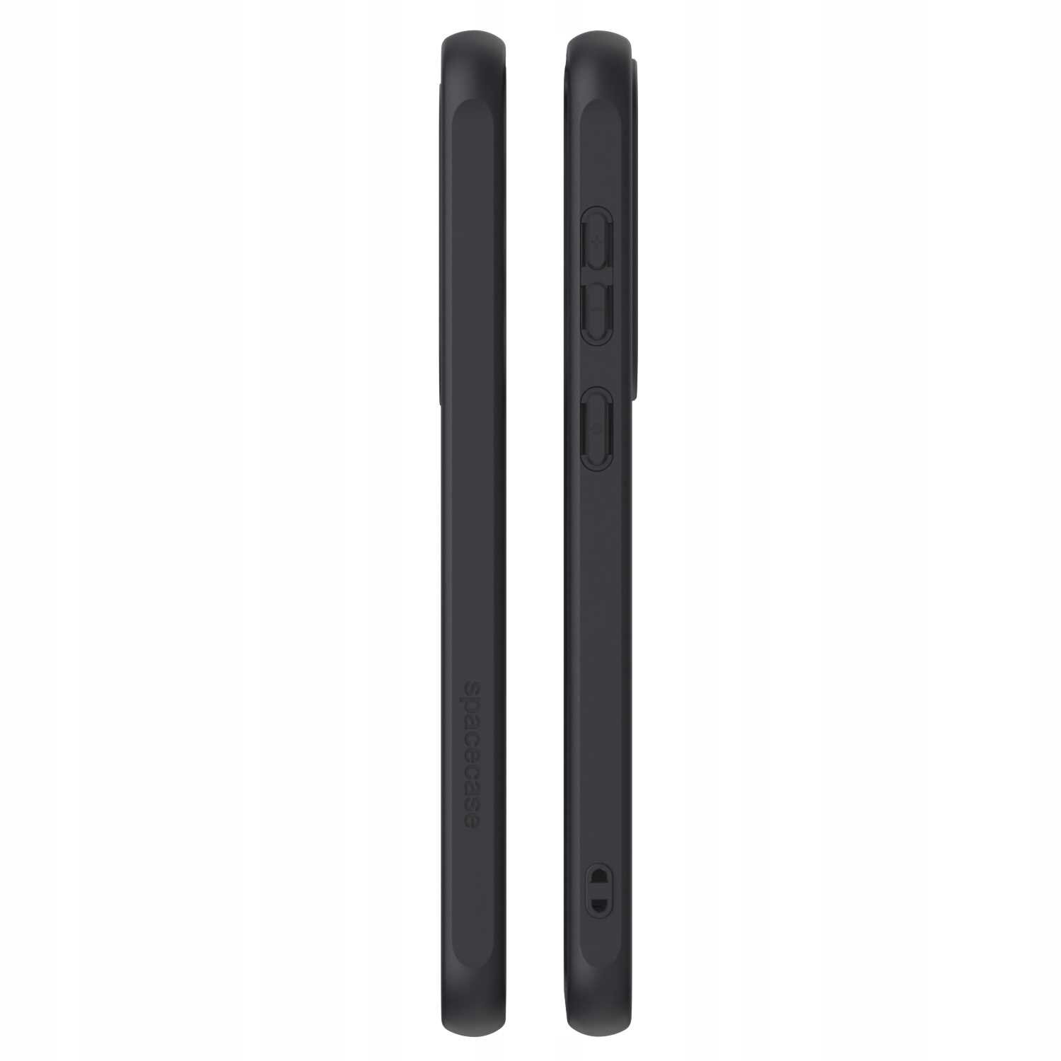 Dwa czarne etui magnetyczne SPACECASE Hybrid Mag Galaxy S25 FE widoczne z boku. Na jednym z etui znajduje się napis \'spacecase\'.