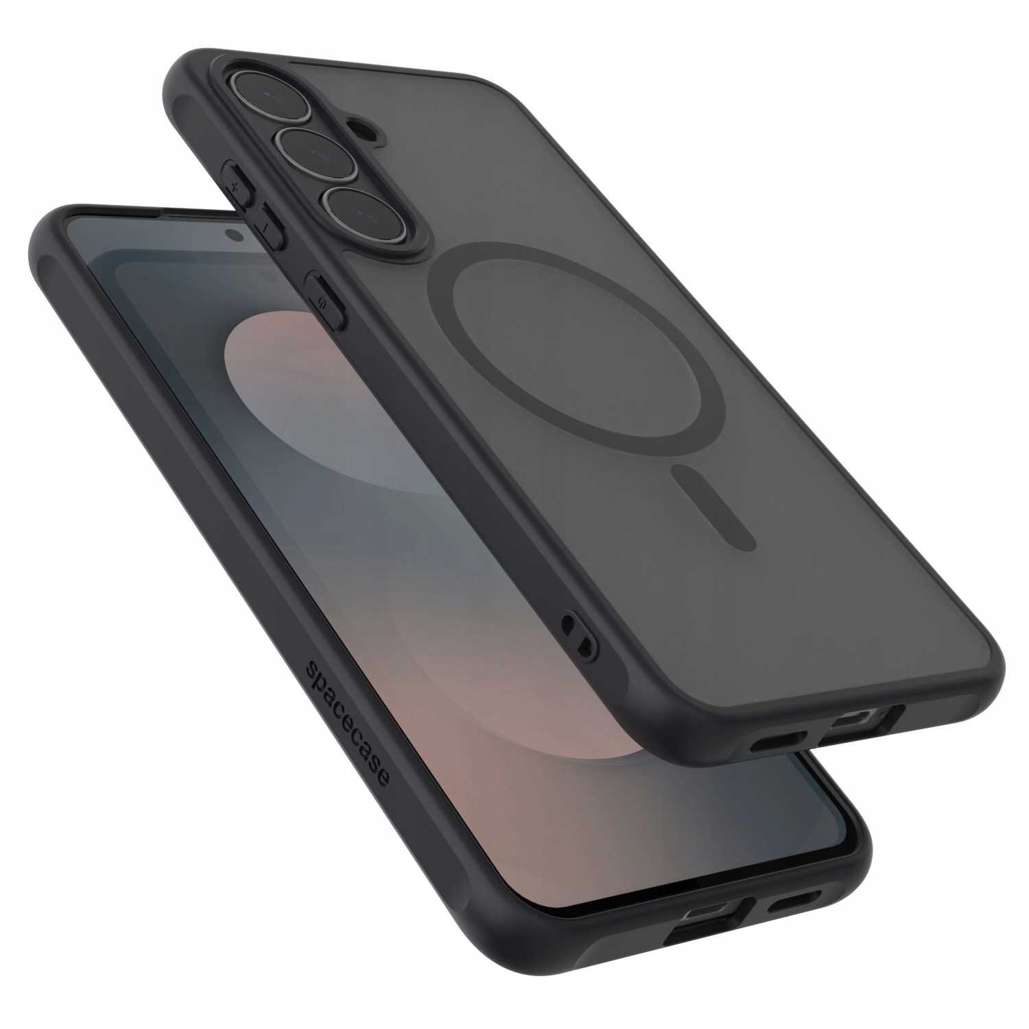 Czarne etui magnetyczne SPACECASE Hybrid Mag z trzema otworami na aparat i okrągłym wzorem na tylnej części. Na boku widoczny jest napis \'spacecase\'.
