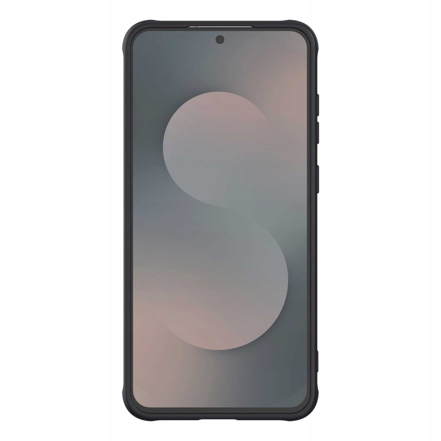 Na obrazie widoczny jest smartfon w czarnym etui z zaokrąglonymi rogami. Na ekranie telefonu znajduje się duża litera \'S\' na tle gradientu w odcieniach szarości i różu.