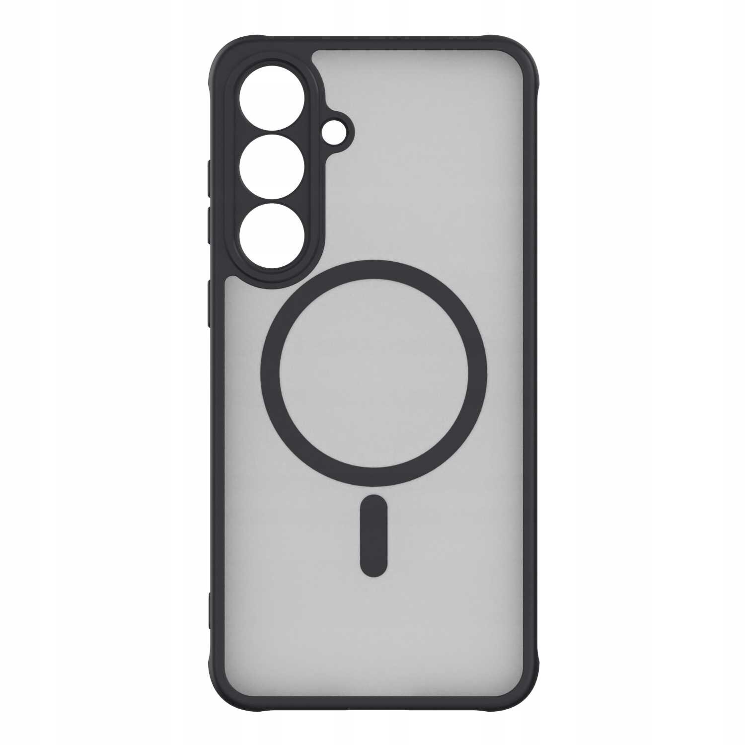 Etui magnetyczne w kolorze czarnym z trzema otworami na aparat i dużym okrągłym symbolem na środku. Przeznaczone dla modelu Galaxy S25 FE.
