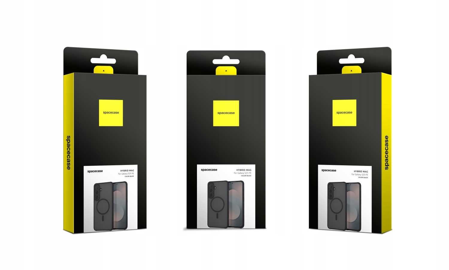 Trzy opakowania produktu z logo \'spacecase\' na czarnym tle z żółtym akcentem. Na każdym opakowaniu widoczny jest obraz etui na telefon oraz napis \'HYBRID MAG\'.
