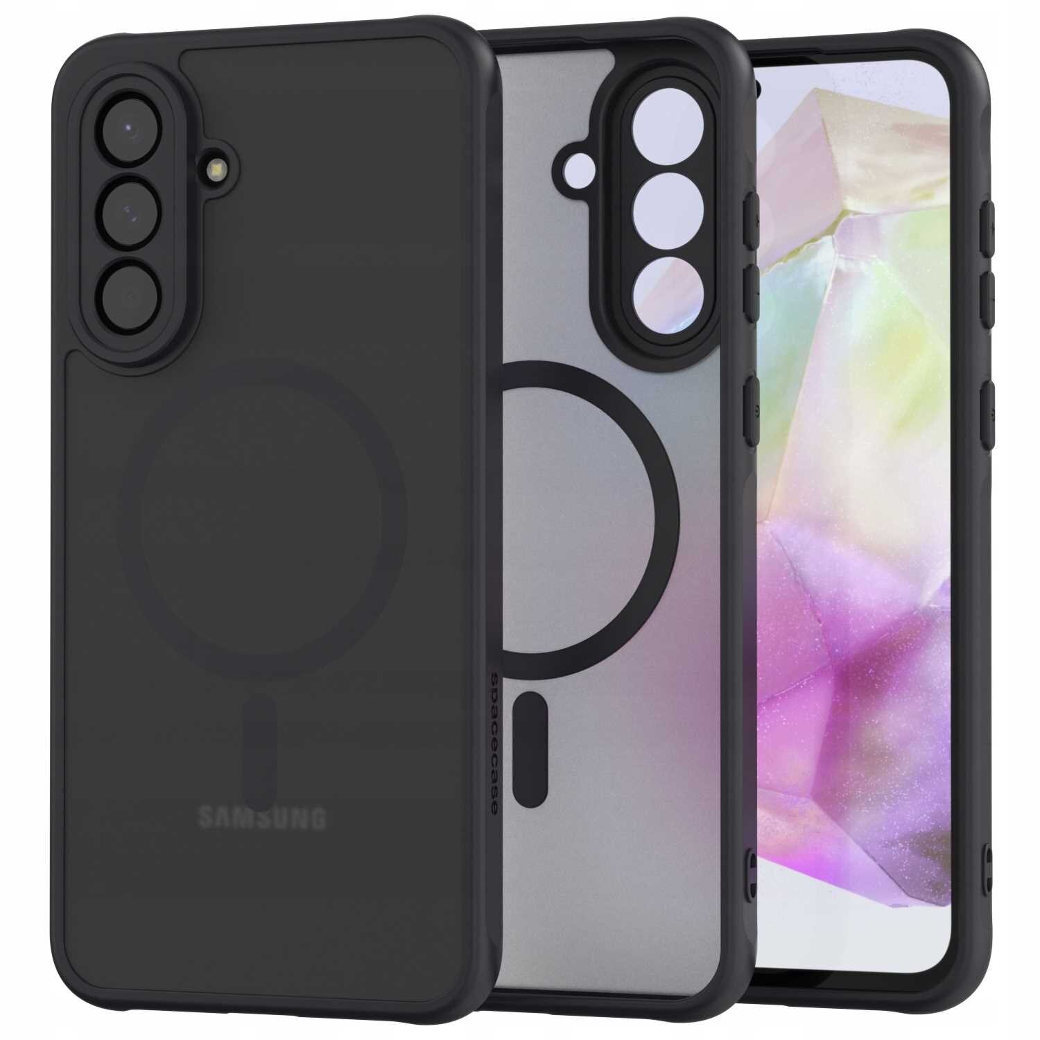 Obraz przedstawia czarne etui magnetyczne SPACECASE Hybrid Mag do telefonu Galaxy A36 5G. Etui ma przezroczysty tył z widocznym okrągłym wzorem i wycięciami na aparat oraz przyciski boczne.