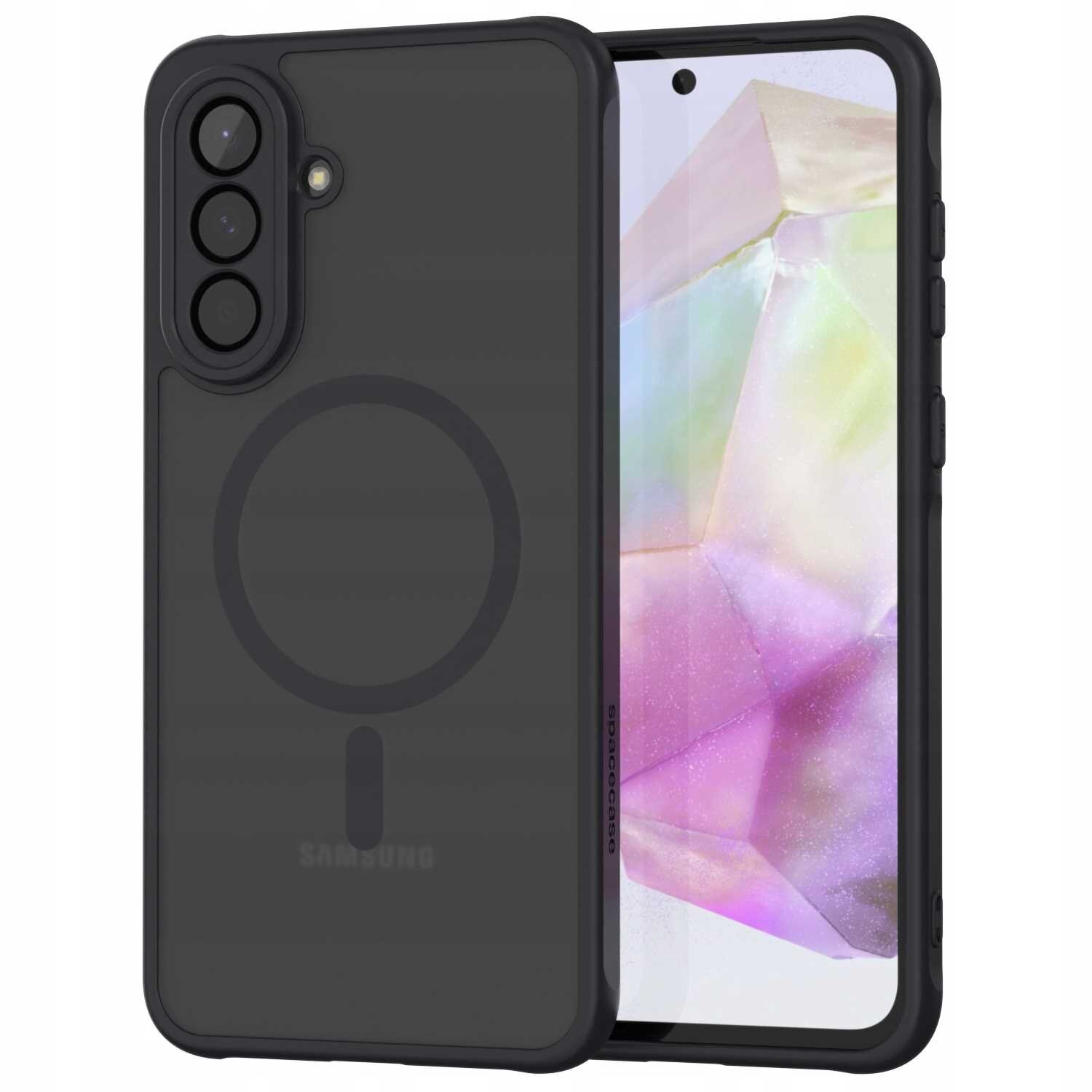 Czarne etui magnetyczne na telefon z trzema okrągłymi wycięciami na aparaty i okrągłym wzorem na tylnej części. Obok etui widoczny jest telefon z kolorowym, abstrakcyjnym wzorem na ekranie.