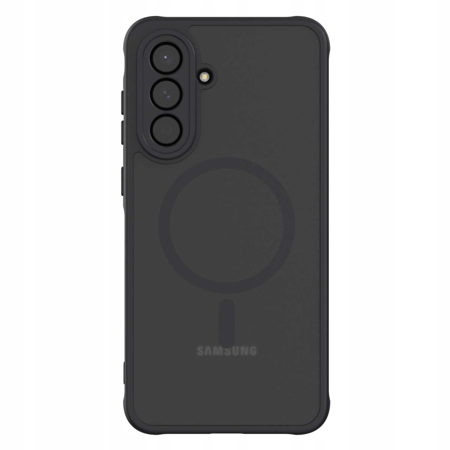 Czarne etui na telefon z trzema otworami na aparaty i jednym na lampę błyskową. Na etui widoczny jest napis \'SAMSUNG\' oraz okrągły wzór wskazujący na funkcję magnetyczną.