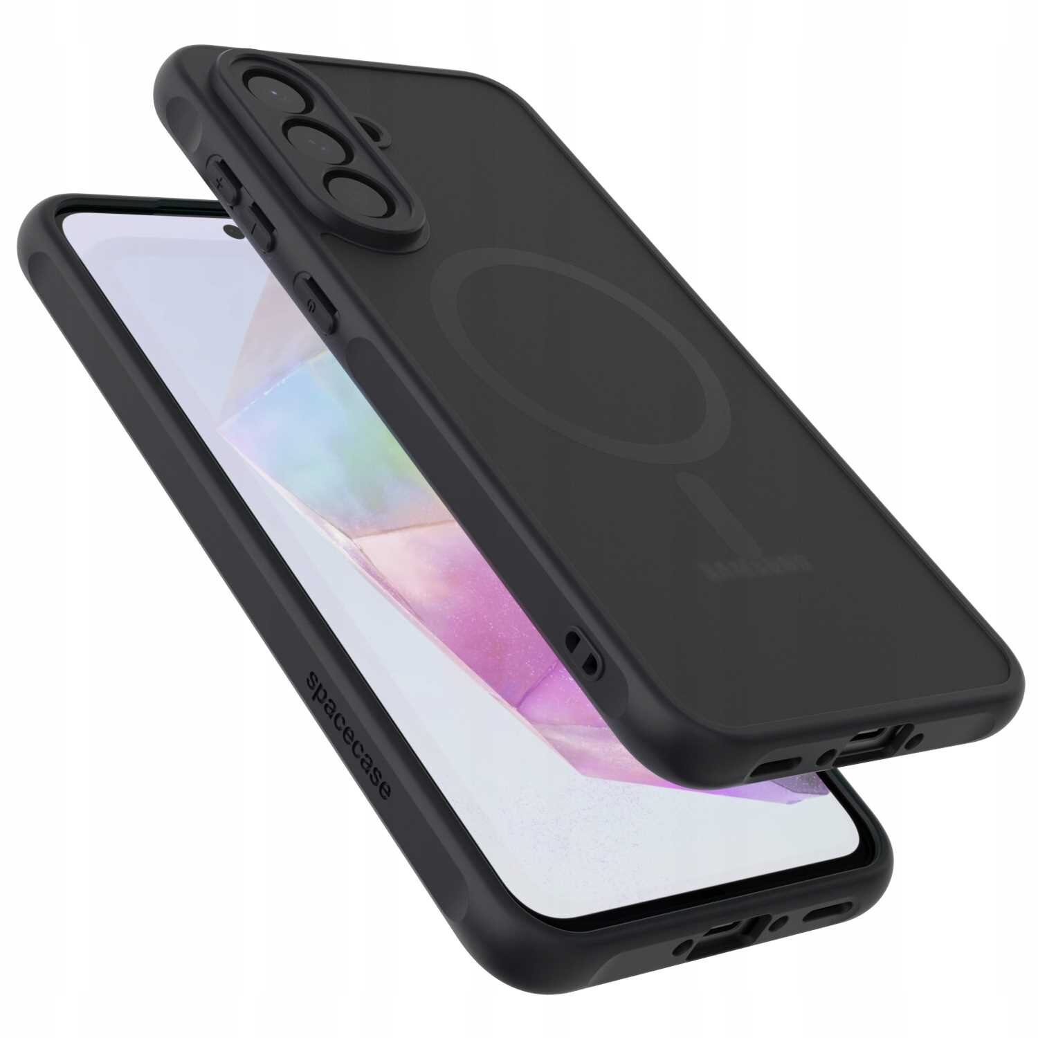 Czarne etui magnetyczne z trzema otworami na aparat i napisem \'spacecase\' na boku. W tle widoczny jest telefon z kolorowym ekranem.