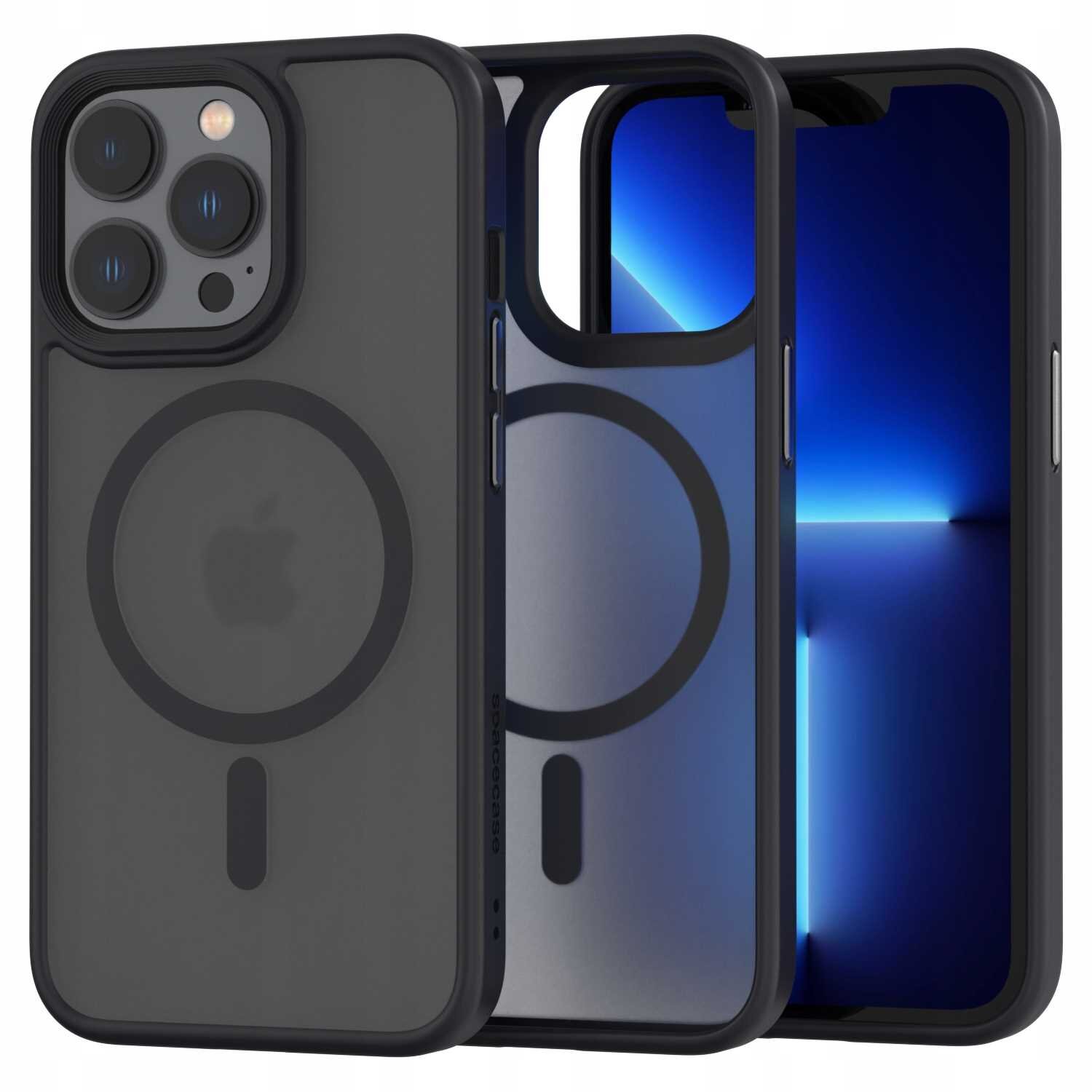 Obraz przedstawia trzy etui magnetyczne na telefon, z widocznym okrągłym wzorem na tylnej części. Etui są w kolorze czarnym, a jedno z nich ma wycięcie na aparat telefonu.