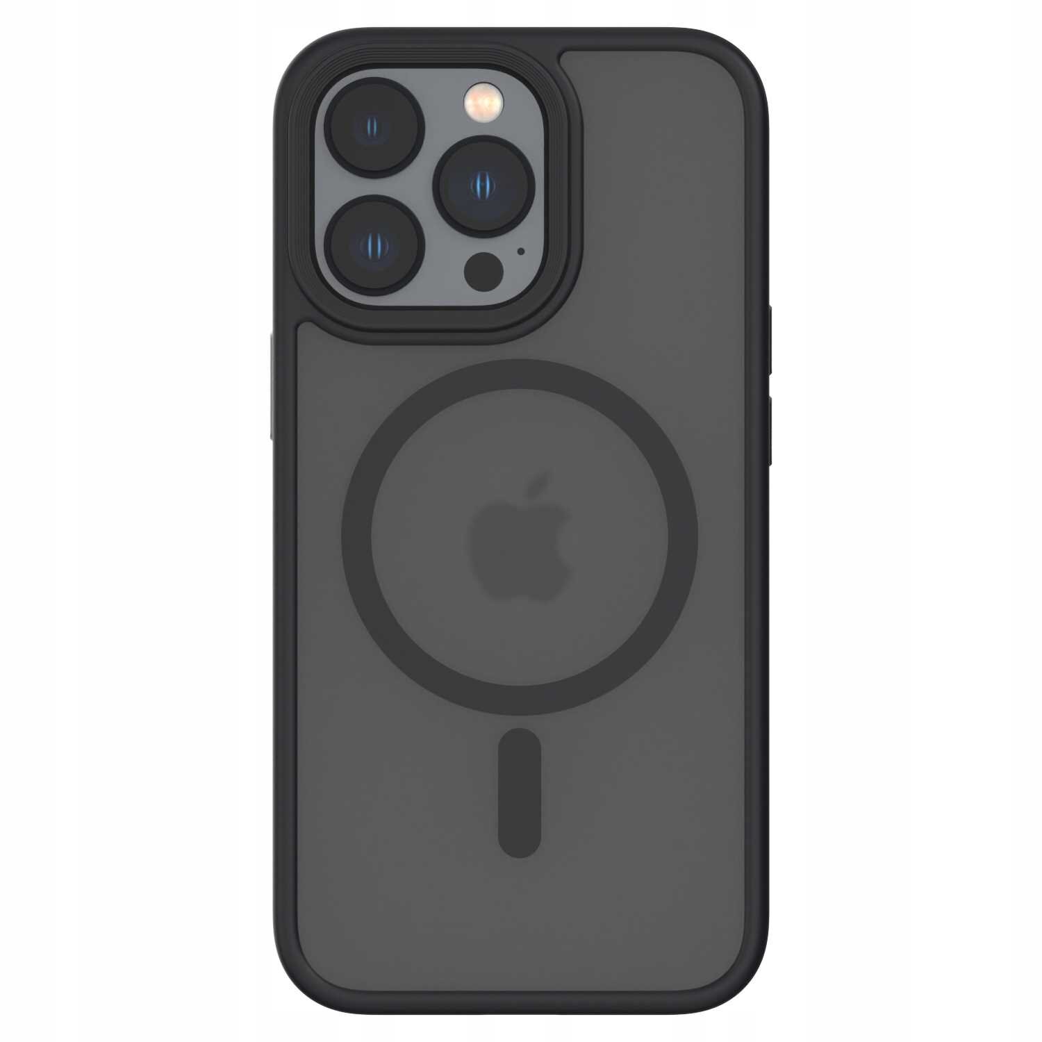 Czarne etui magnetyczne na telefon z widocznym logo w kształcie jabłka oraz okrągłym wzorem na środku. W górnej części znajduje się wycięcie na aparat z trzema obiektywami i lampą błyskową.