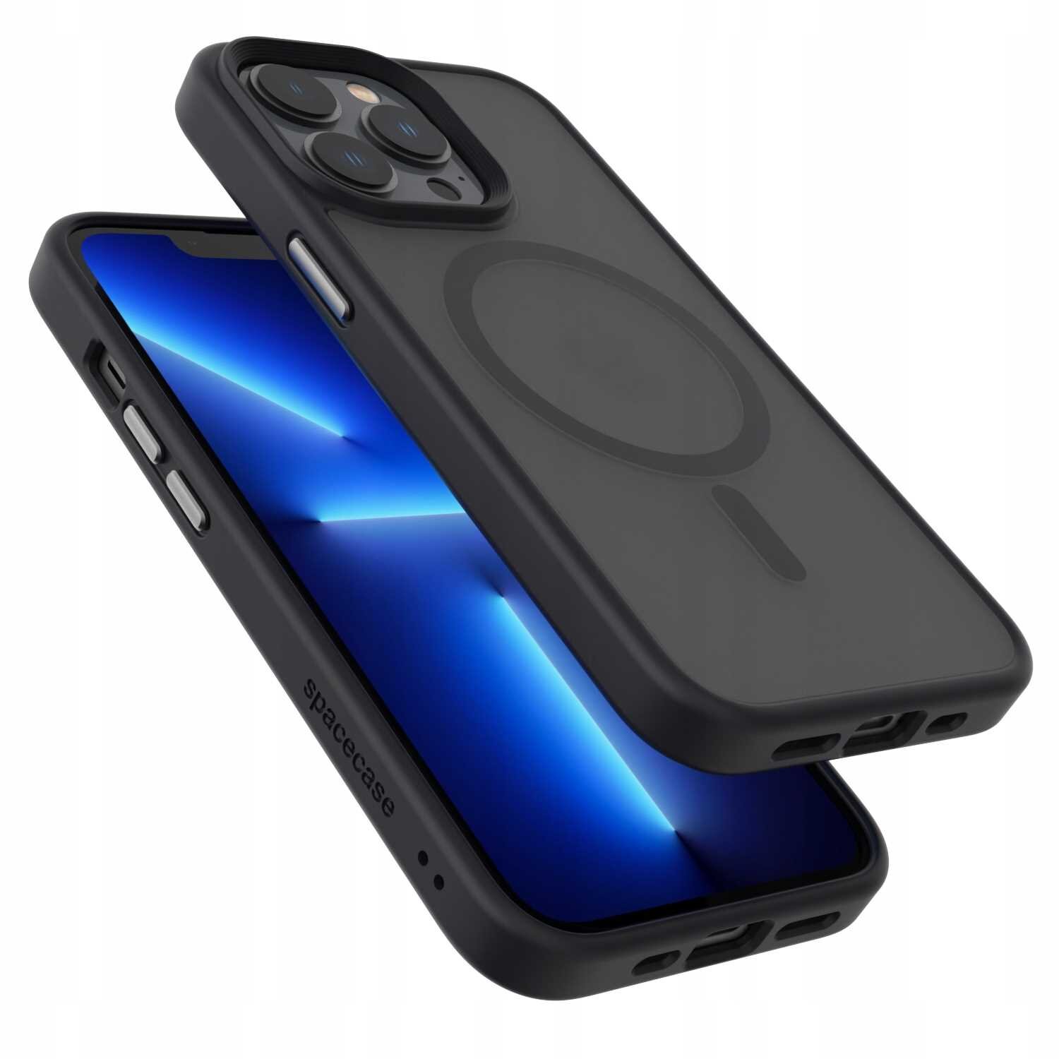 Czarne etui magnetyczne SPACECASE Hybrid Mag do iPhone 13 Pro z widocznym okrągłym wzorem na tylnej części. Na etui znajduje się napis \'spacecase\'.