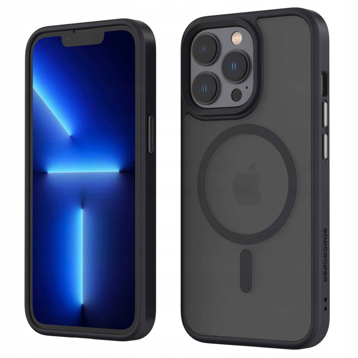 Obraz przedstawia czarne etui magnetyczne na telefon z widocznym logo w kształcie jabłka oraz napisem \'Spacecase\' na boku. Etui ma wycięcia na aparat i przyciski boczne.