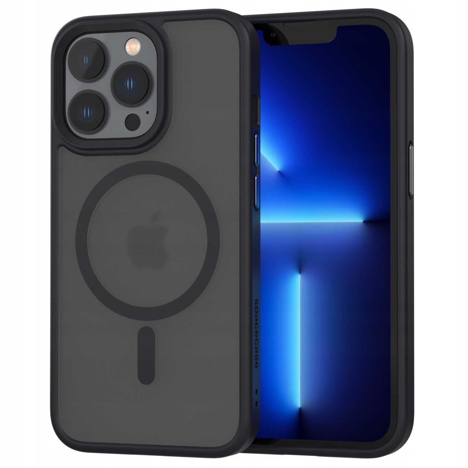 Czarne etui magnetyczne na telefon z widocznym logo producenta w kształcie jabłka. Etui posiada okrągły wzór na tylnej części, a telefon w środku wyświetla niebieski ekran.
