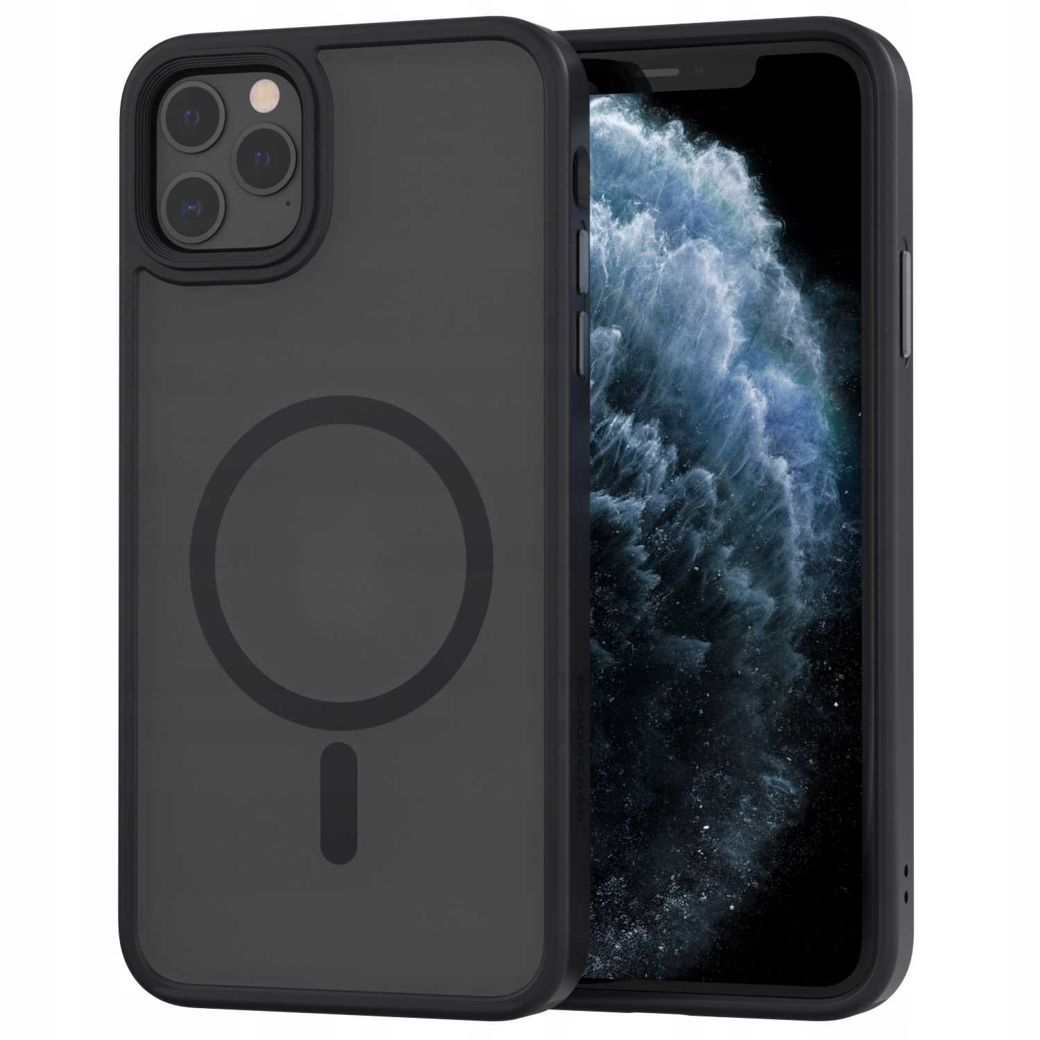 Czarne etui magnetyczne na telefon z widocznym okrągłym wzorem na tylnej części. Obok etui znajduje się telefon z wyświetlaczem pokazującym abstrakcyjny wzór przypominający chmurę.