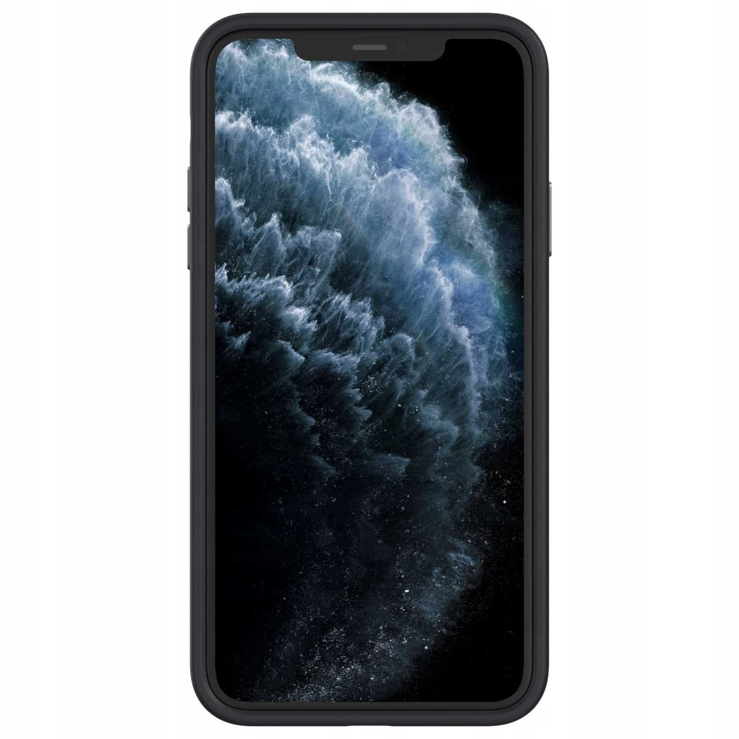 Czarny telefon w etui z wyświetlaczem przedstawiającym abstrakcyjny wzór przypominający fale lub chmury.