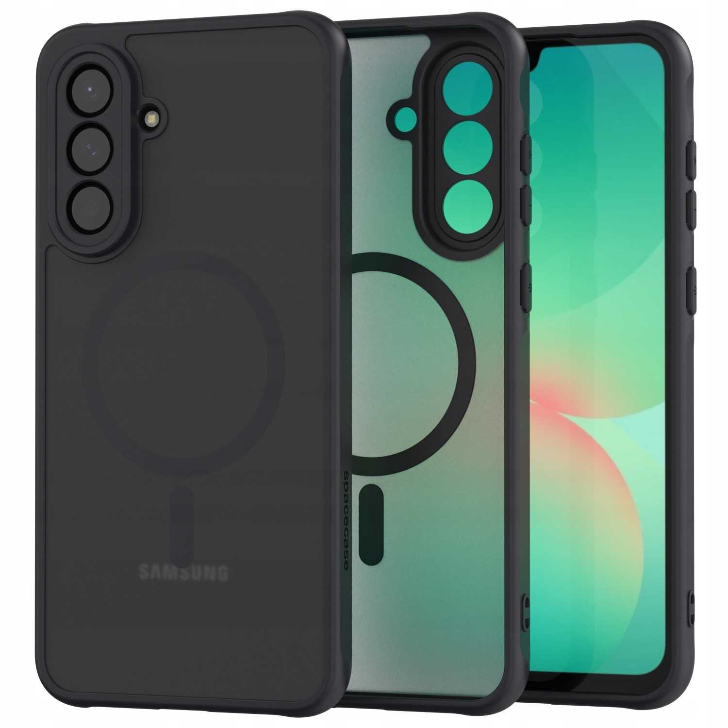 Obraz przedstawia czarne etui magnetyczne z trzema okrągłymi wycięciami na aparat oraz okrągłym wzorem na tylnej części. Etui jest przeznaczone do telefonu Galaxy A26 5G.