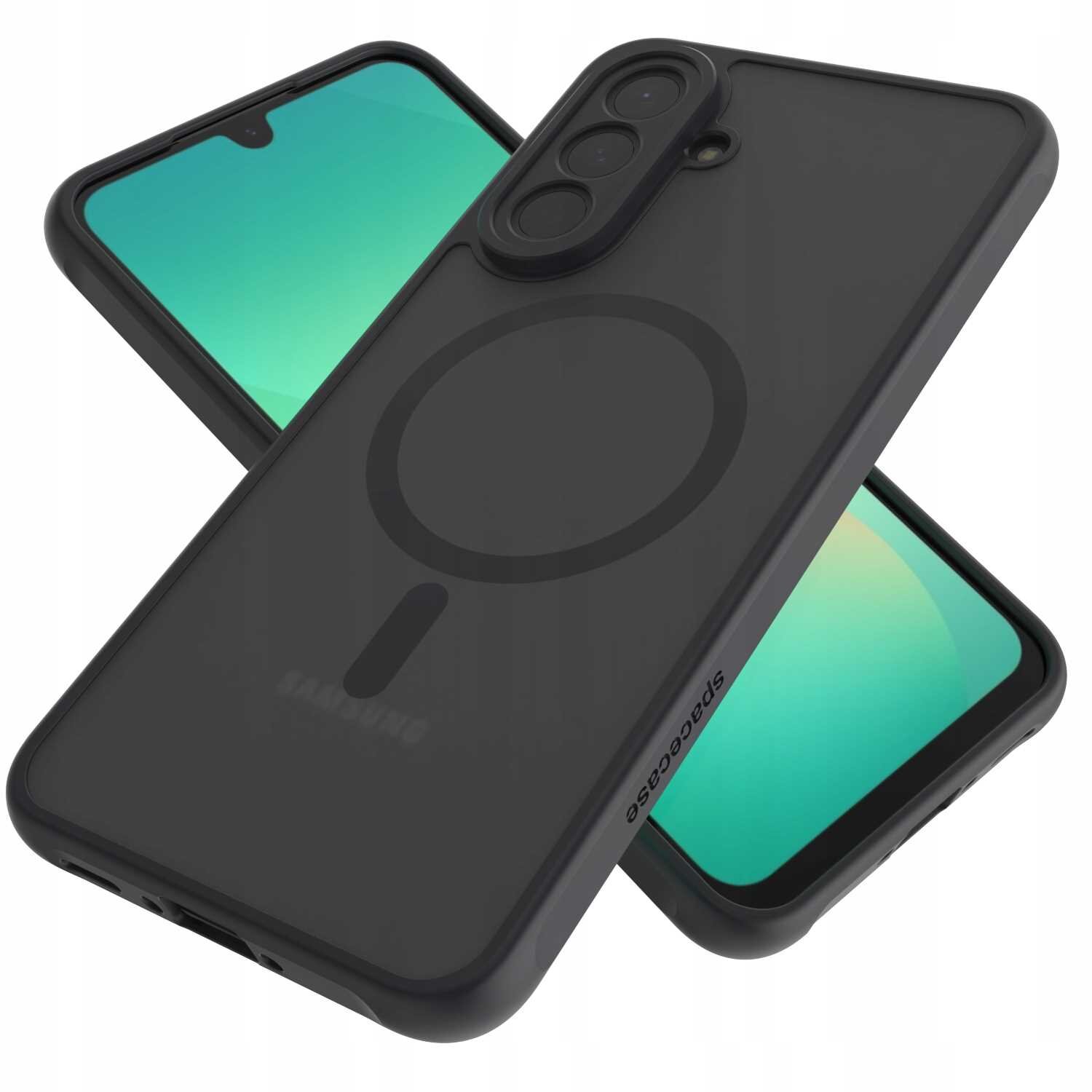 Czarne etui magnetyczne z okrągłym wzorem na tylnej części, przeznaczone do telefonu z trzema obiektywami aparatu. Na etui widoczny jest napis \'SPACECASE\'.