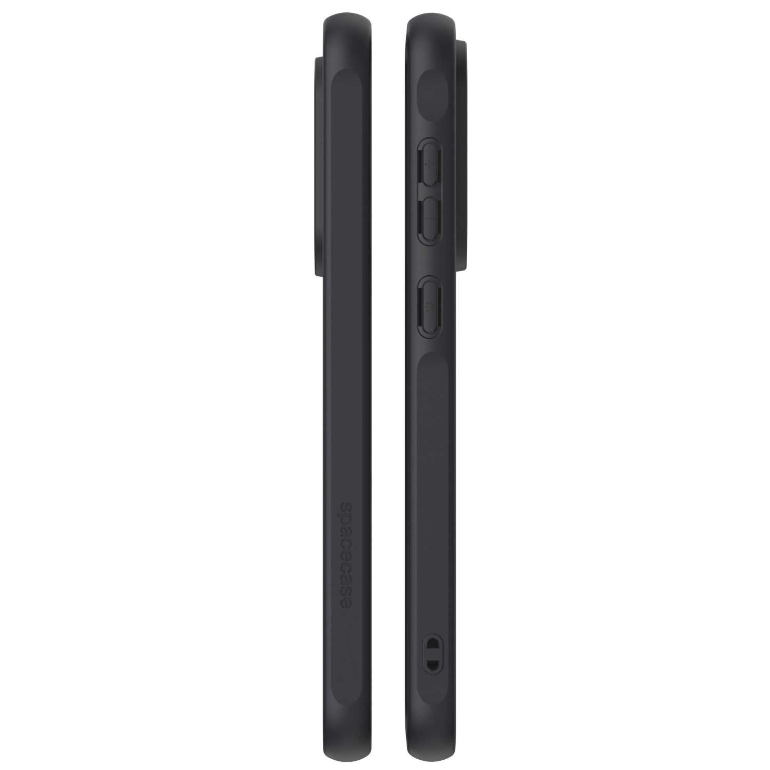 Dwa czarne etui magnetyczne SPACECASE Hybrid Mag do Galaxy A56 5G widoczne z boku, z wyraźnie zaznaczonymi przyciskami i otworami. Na jednym z etui widoczny jest napis \'spacecase\'.