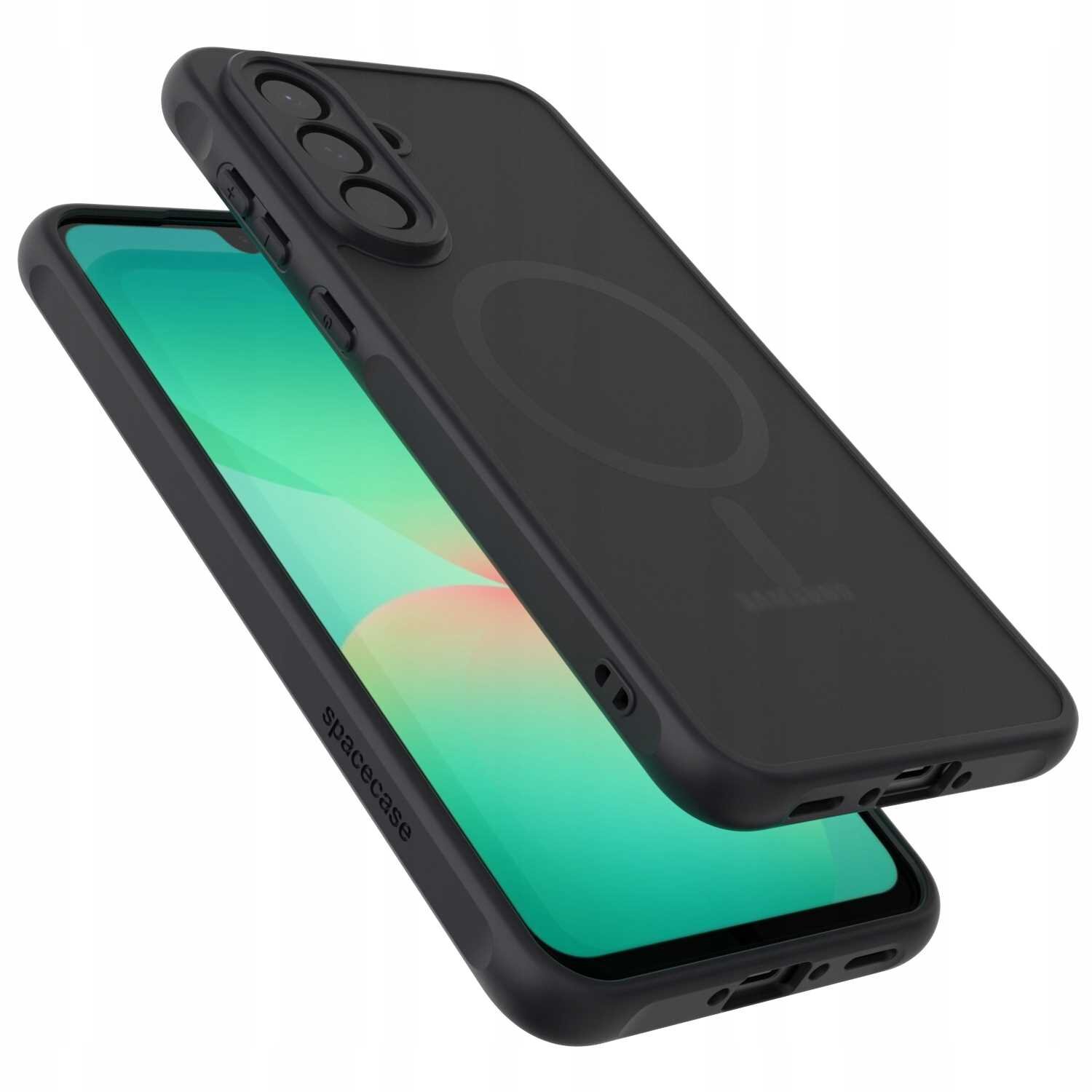 Czarne etui magnetyczne na telefon z trzema otworami na aparat i logo \'spacecase\' na boku. W tle widać ekran telefonu z gradientowym tłem w odcieniach zieleni i różu.