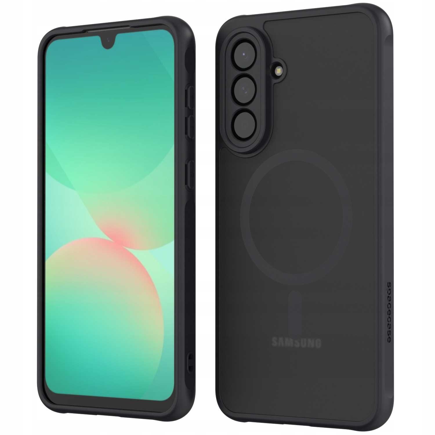 Obraz przedstawia czarne etui na telefon z trzema otworami na aparat i logo \'SAMSUNG\' oraz \'SPACECASE\' na krawędzi. Etui ma przezroczystą część z widocznym okręgiem na środku.