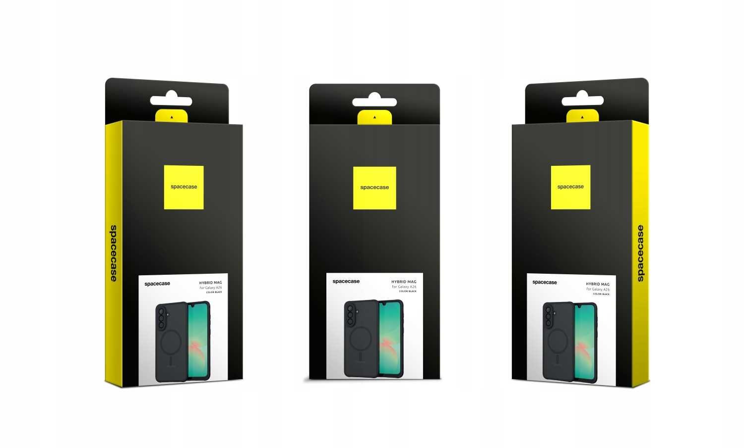 Trzy opakowania produktu z logo \'spacecase\' na czarnym tle z żółtymi elementami. Na każdym opakowaniu widoczny jest obraz telefonu z etui oraz napis \'HYBRID MAG\'.