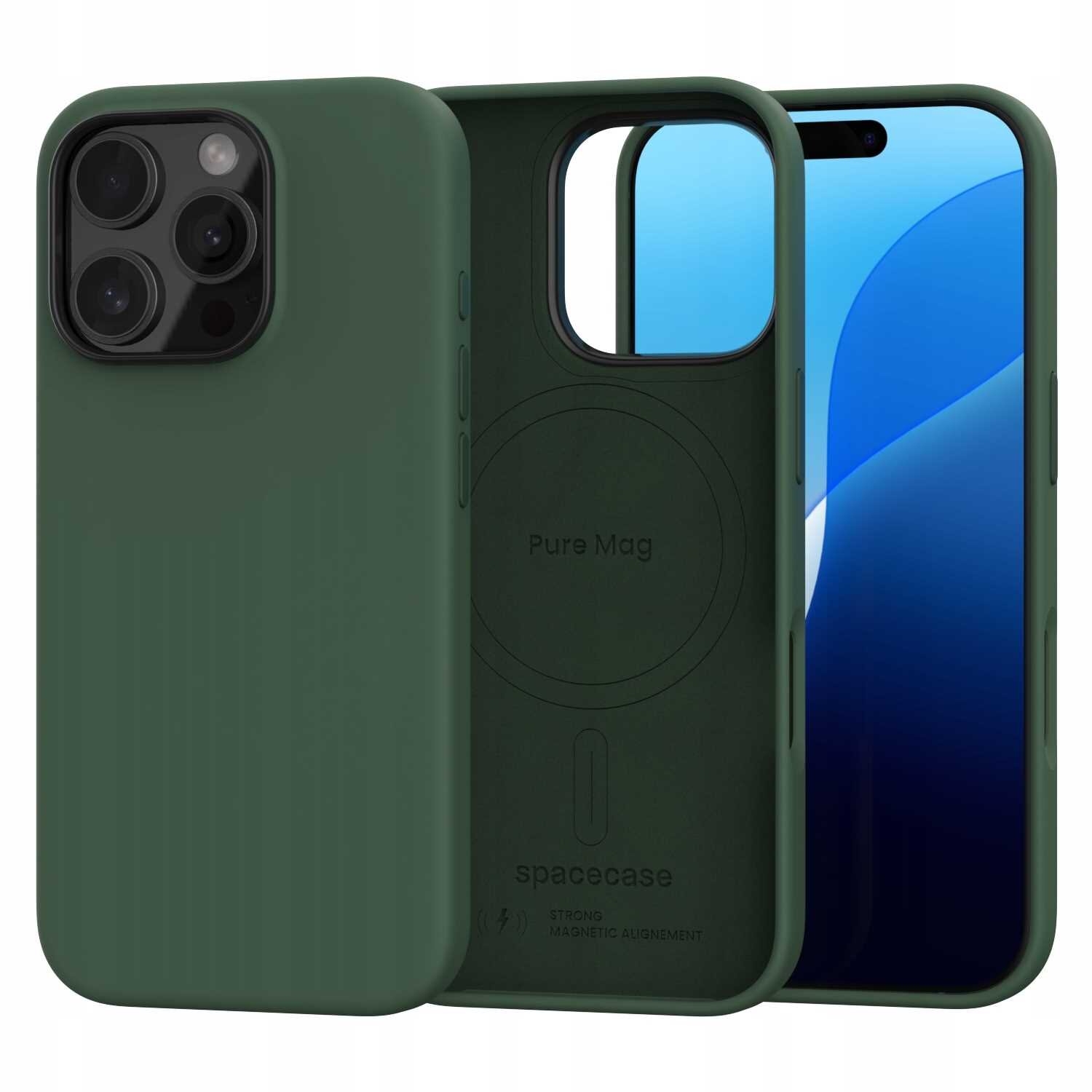 Zielone silikonowe etui magnetyczne SPACECASE Pure Mag do iPhone 16 Pro, z widocznym napisem \'Pure Mag\' i logo \'spacecase\'.