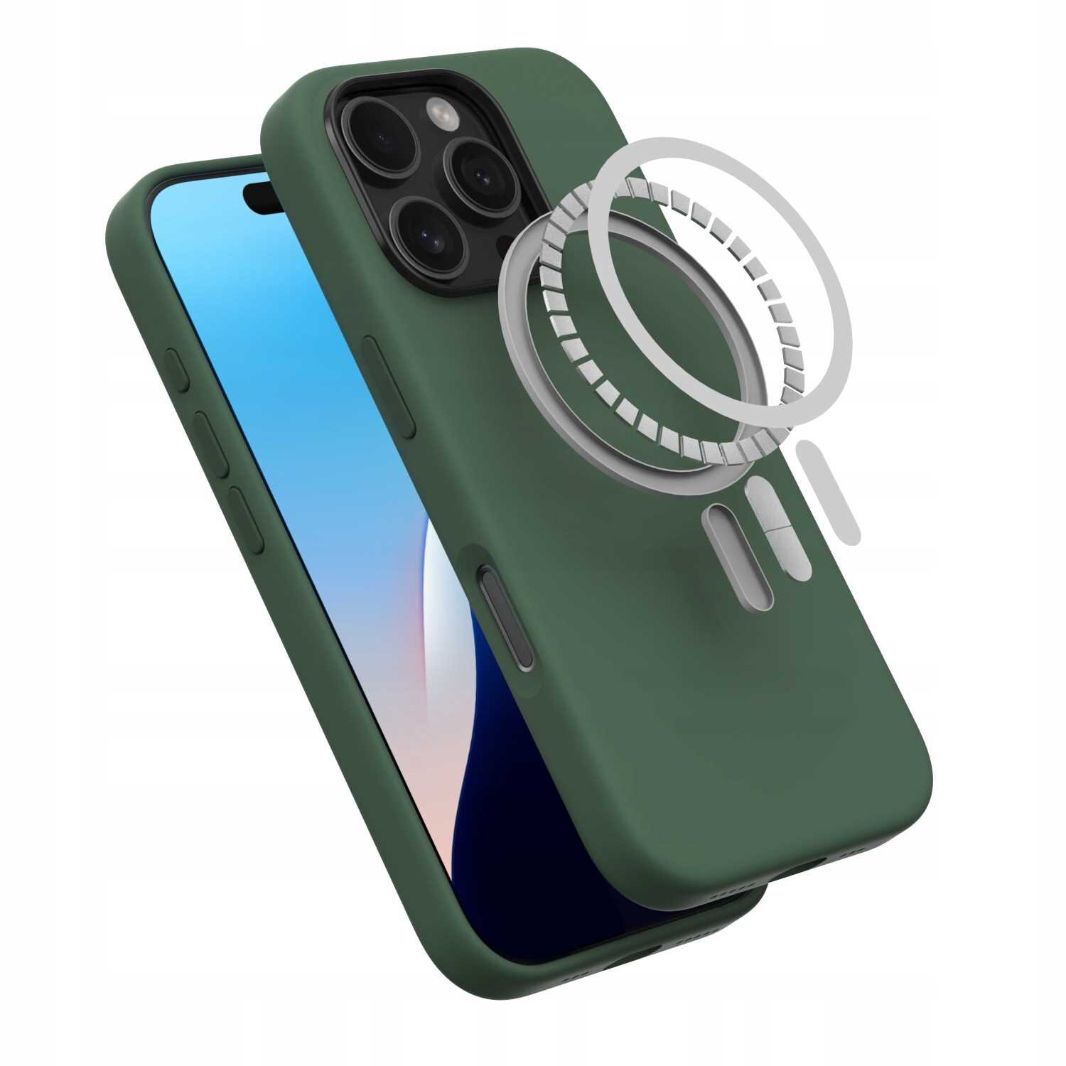 Zielone silikonowe etui magnetyczne na smartfon z widocznymi przyciskami bocznymi i otworami na aparat. Obok etui znajduje się ilustracja przedstawiająca magnetyczny pierścień.