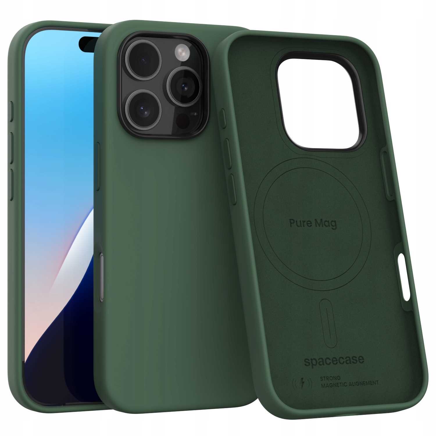 Zielone silikonowe etui magnetyczne z napisem \'Pure Mag\' i \'spacecase\' przeznaczone do telefonu. Etui posiada wycięcia na aparat i przyciski oraz oznaczenie miejsca na magnes.
