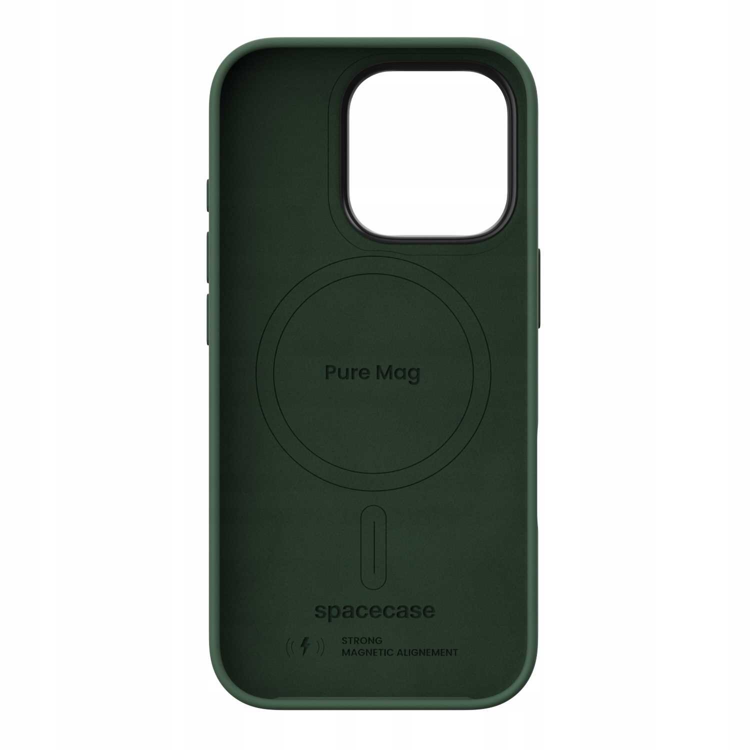 Zielone silikonowe etui z dużym otworem na aparat i napisem \'Pure Mag\' oraz \'spacecase\' na dole. Widoczny jest symbol ładowania i napis \'STRONG MAGNETIC ALIGNMENT\'.