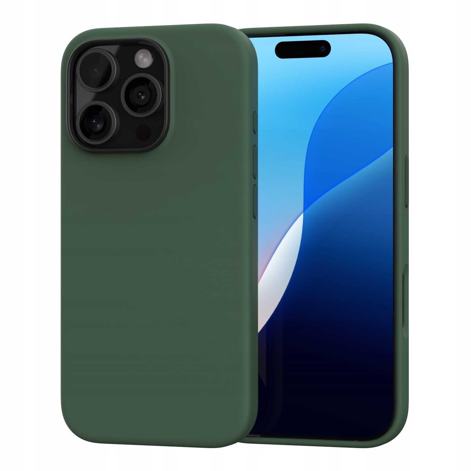 Zielone silikonowe etui magnetyczne na smartfon z trzema aparatami z tyłu. Obok widoczny jest ekran telefonu z niebiesko-białą tapetą.