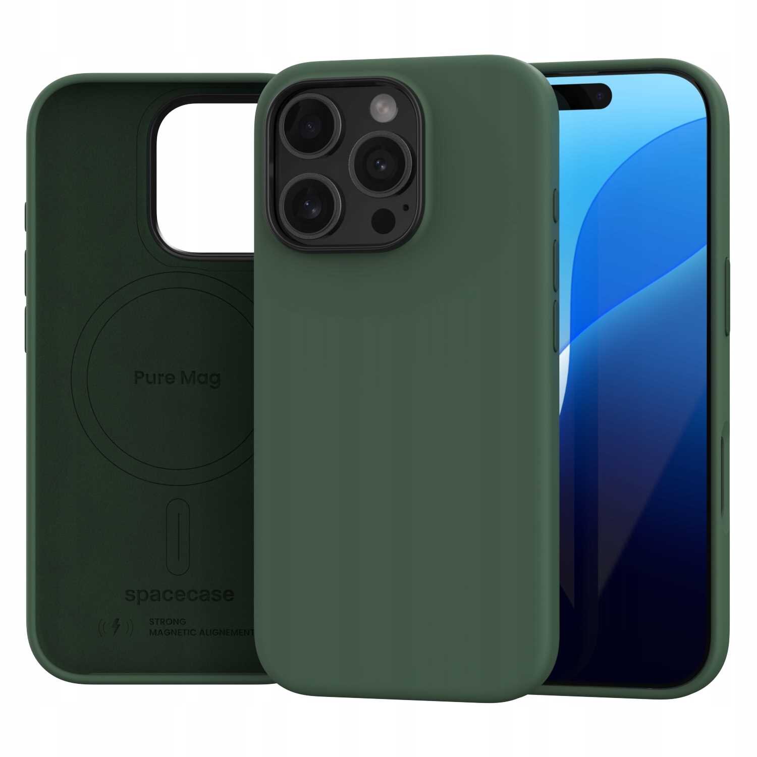 Zielone silikonowe etui magnetyczne z napisem \'Pure Mag\' i \'spacecase\' na wewnętrznej stronie. Obok etui widoczny jest telefon z trzema aparatami i wyświetlaczem z niebieskim tłem.