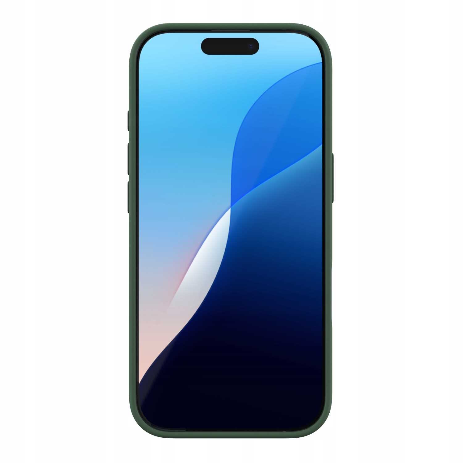 Na obrazie widoczny jest smartfon z wyświetlaczem pokazującym abstrakcyjny, niebiesko-różowy wzór. Urządzenie jest otoczone zielonym etui.