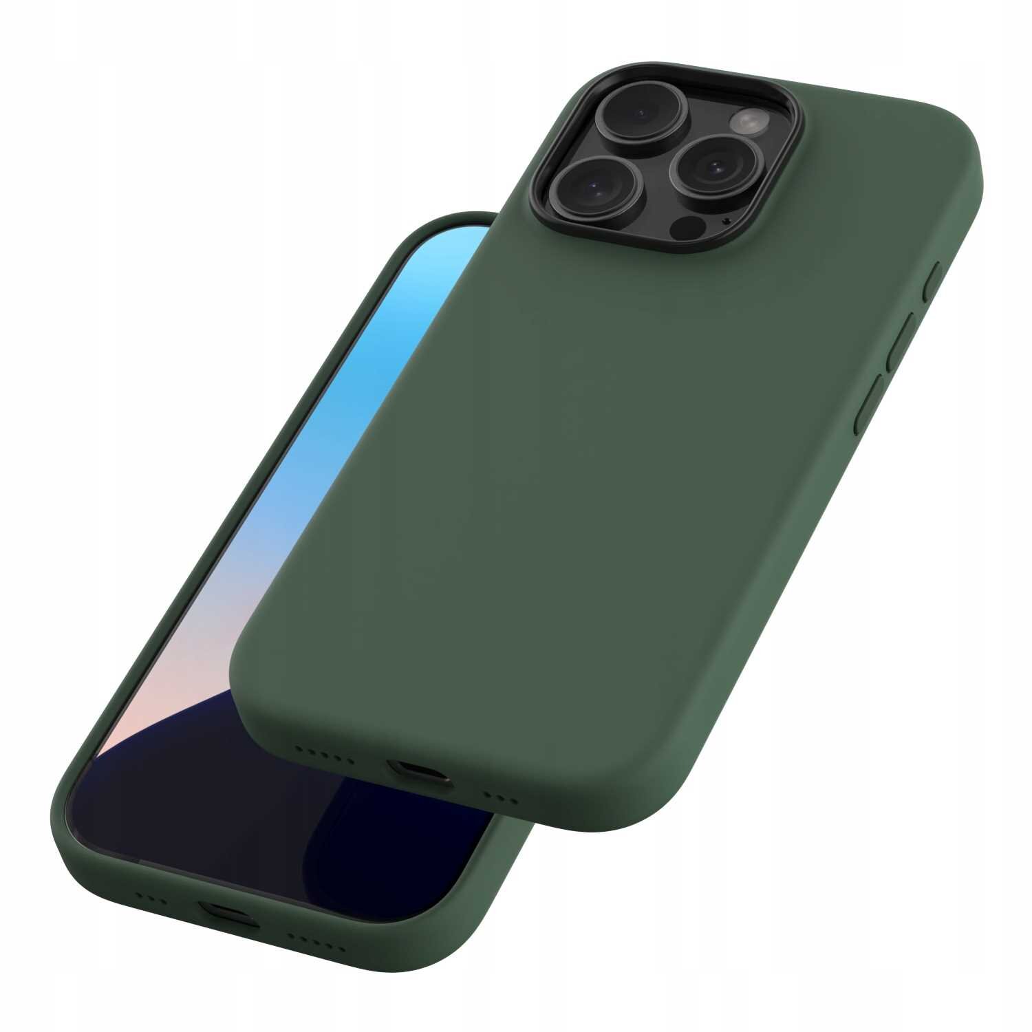 Zielone silikonowe etui magnetyczne na smartfon z trzema widocznymi aparatami. Etui ma gładką powierzchnię i otwory na przyciski oraz porty.