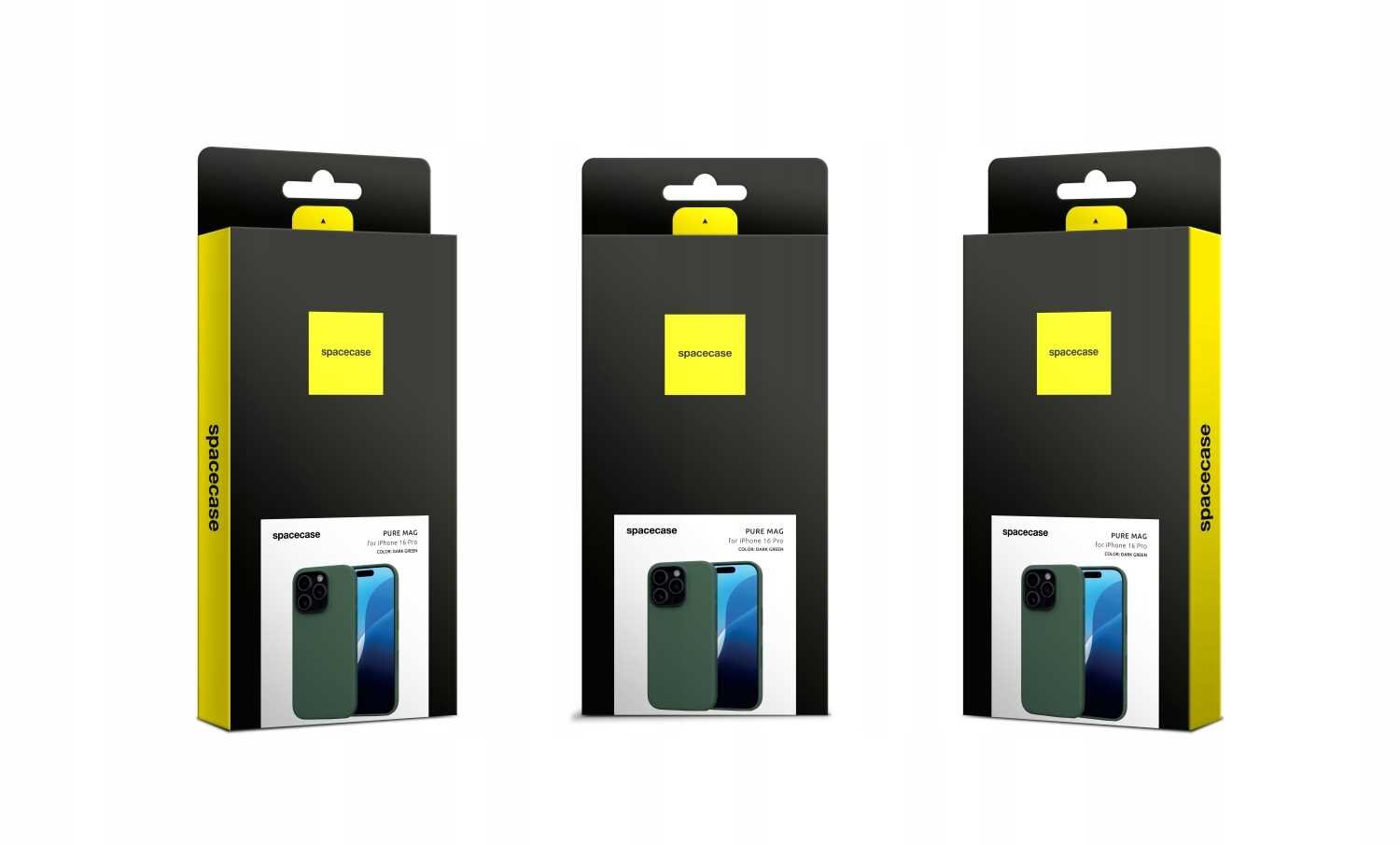 Trzy opakowania produktu z logo \'spacecase\' na czarnym tle z żółtym akcentem. Na każdym opakowaniu widoczny jest obrazek zielonego etui na telefon.