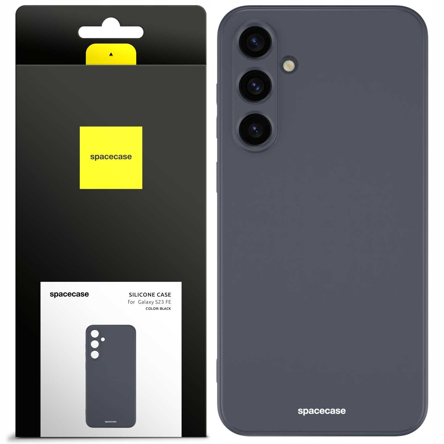 Obraz przedstawia czarne silikonowe etui na telefon z trzema otworami na aparaty oraz opakowanie z logo \'spacecase\'. Na opakowaniu widnieje napis \'SILICONE CASE for Galaxy S23 FE COLOR: BLACK\'.