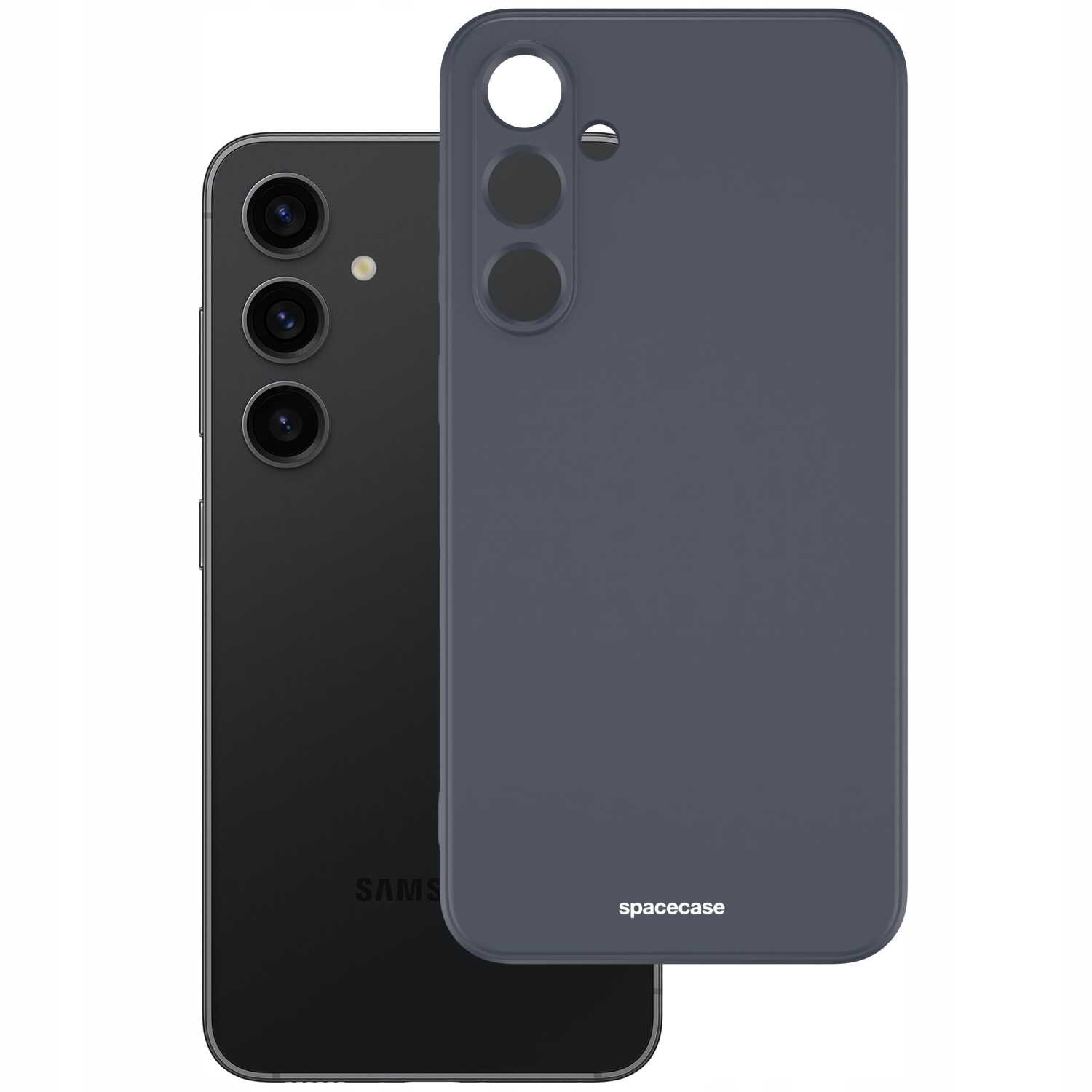 Na obrazie widoczne jest czarne silikonowe etui z trzema otworami na aparaty oraz napisem \'spacecase\'. Obok etui znajduje się smartfon z trzema obiektywami aparatu i logo \'Samsung\'.