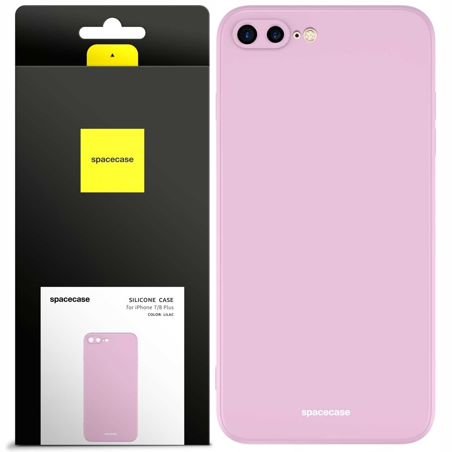 Obraz przedstawia różowe silikonowe etui na telefon z napisem \'spacecase\' na dole. Obok znajduje się opakowanie z logo \'spacecase\' i opisem \'SILICONE CASE for iPhone 7/8 Plus COLOR: LILAC\'.