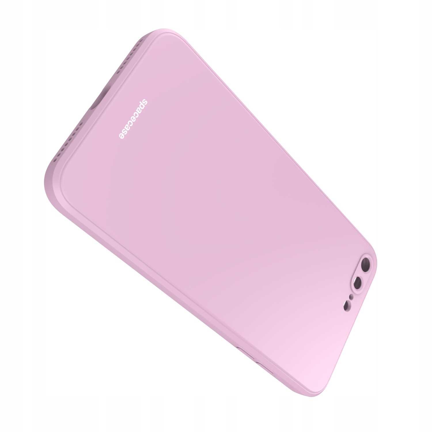 Różowe silikonowe etui na telefon z widocznym logo \'spacecase\'. Etui ma otwory na aparat i przyciski.
