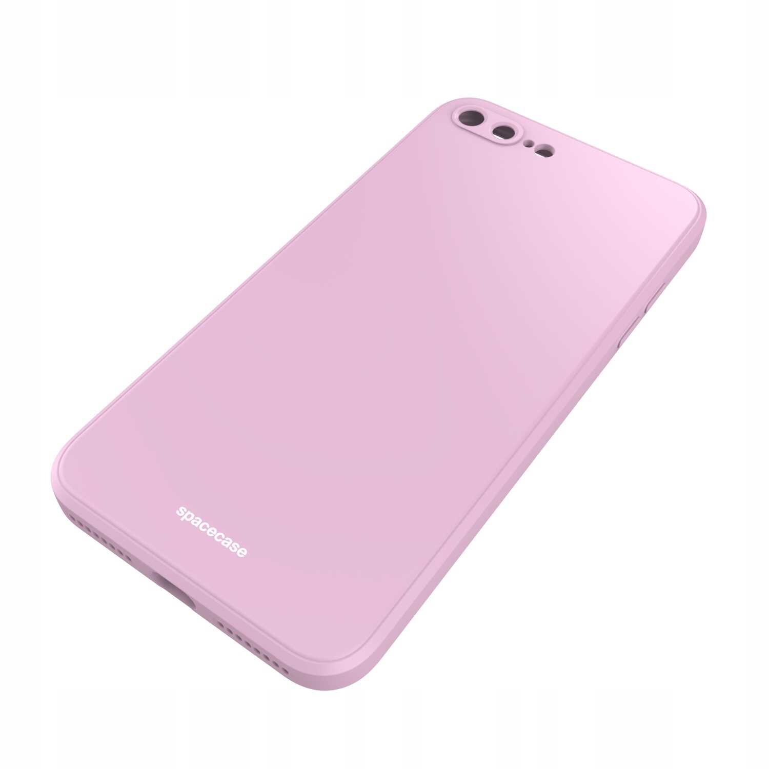 Różowe silikonowe etui na telefon z wycięciami na aparat i przyciski. Na dole widoczny jest napis \'spacecase\'.