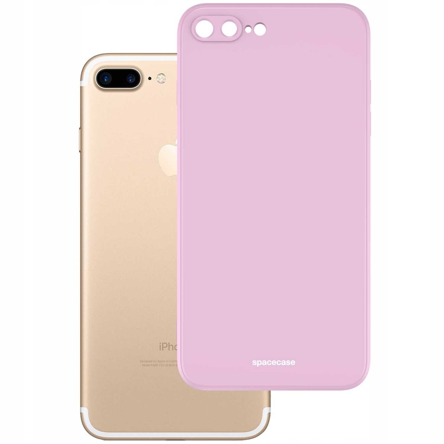 Na obrazie widoczne jest różowe silikonowe etui z napisem \'spacecase\', umieszczone na tle złotego telefonu. Etui ma wycięcia na aparat i przyciski.