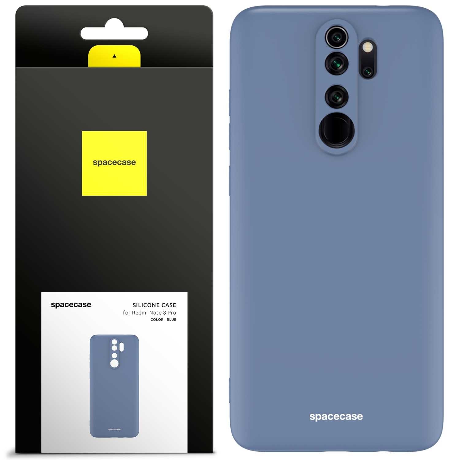 Obraz przedstawia niebieskie silikonowe etui na telefon z wycięciami na aparat i logo \'spacecase\' na dole. Obok znajduje się opakowanie z napisem \'spacecase SILICONE CASE for Redmi Note 8 Pro COLOR: BLUE\'.