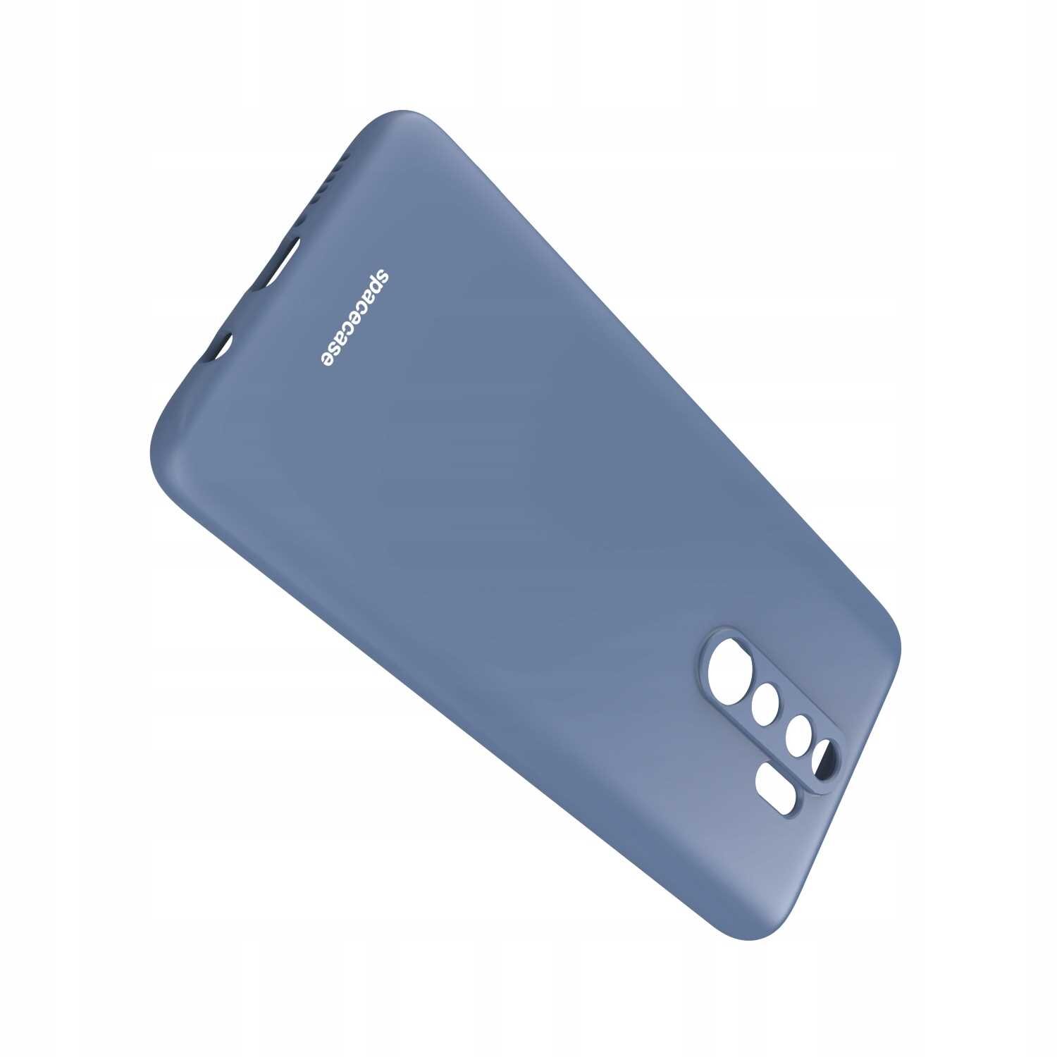 Niebieskie silikonowe etui z wycięciami na aparat i przyciski, z widocznym logo \'spacecase\'.