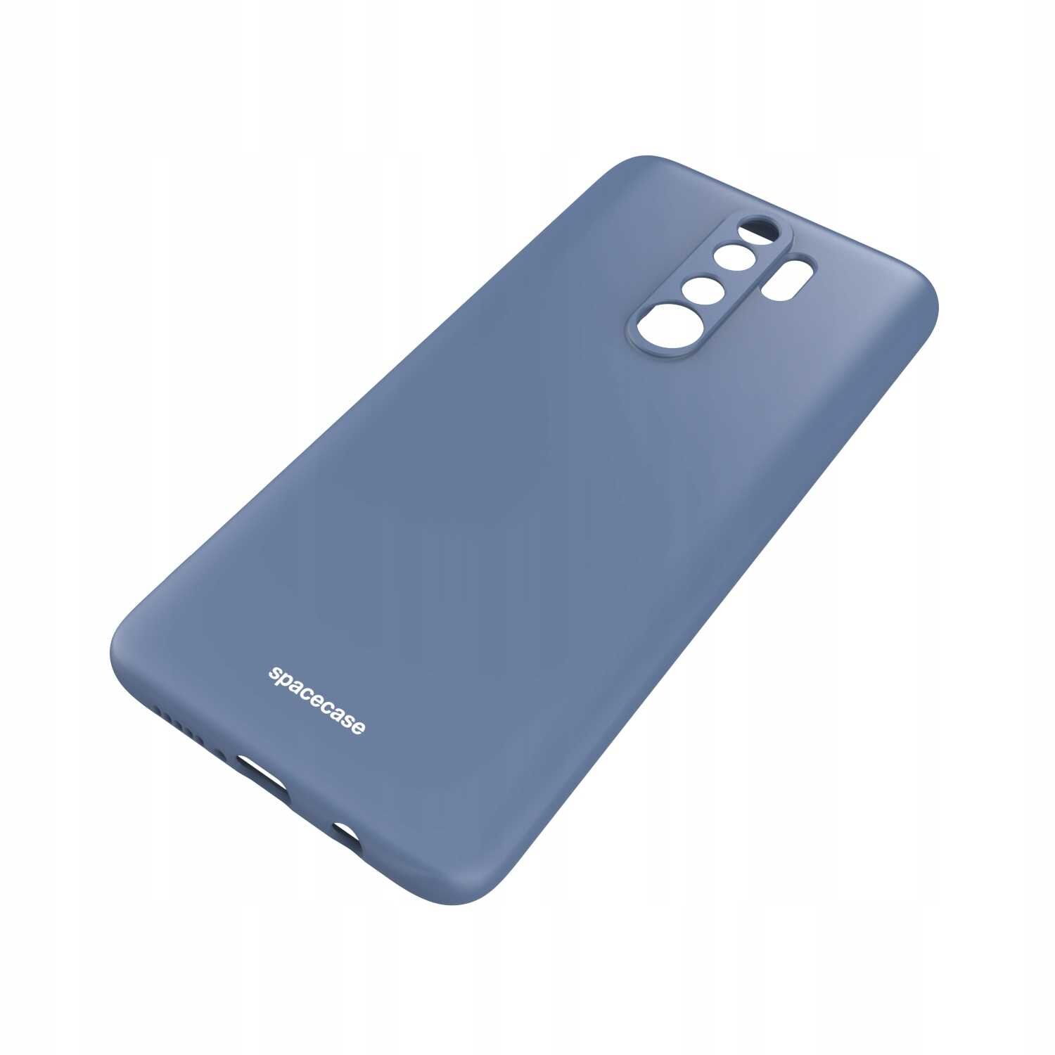 Niebieskie silikonowe etui z wycięciami na aparat i przyciski, z widocznym napisem \'spacecase\'.
