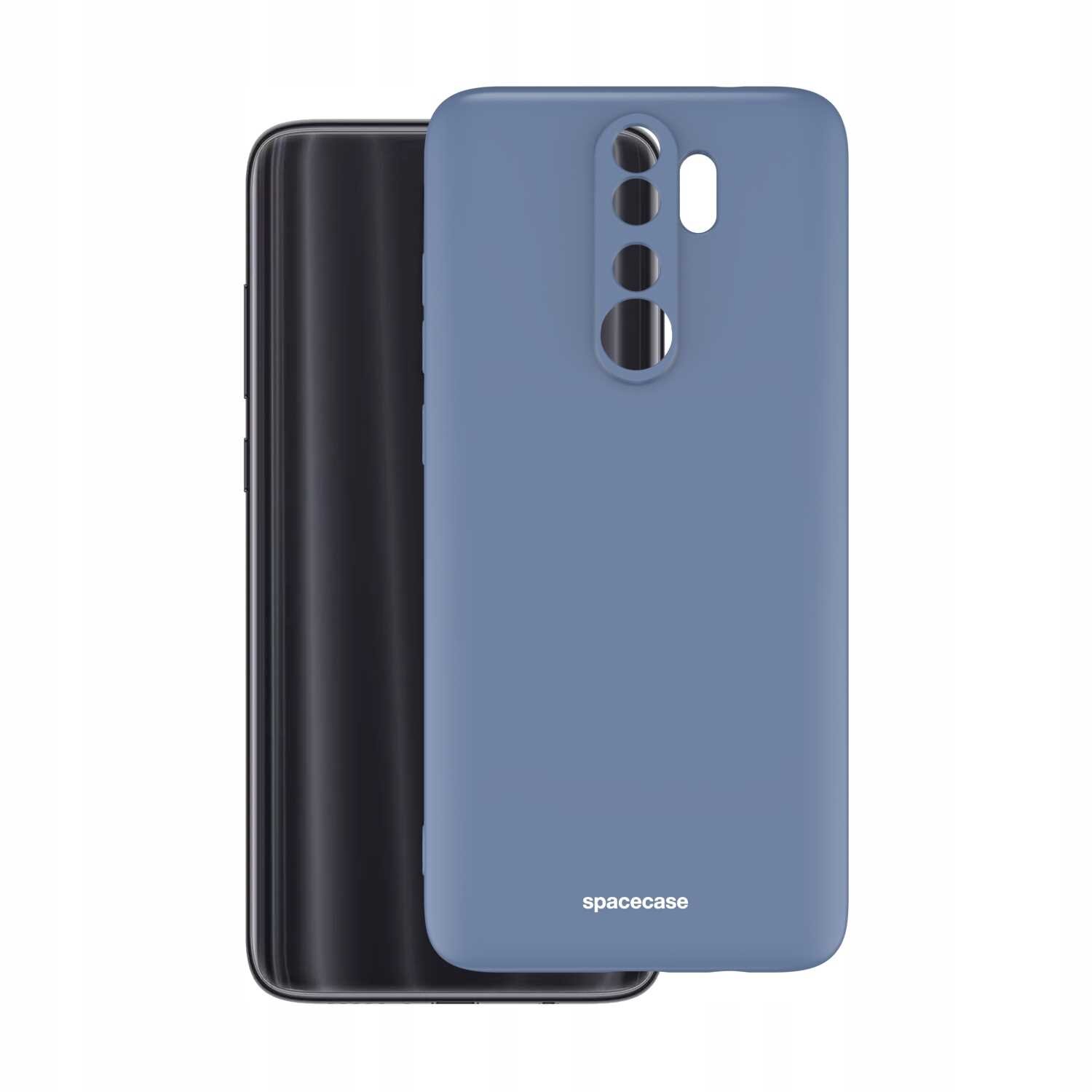 Na obrazie widoczne jest niebieskie silikonowe etui z wycięciami na aparat i logo \'spacecase\'. W tle znajduje się czarny telefon komórkowy.