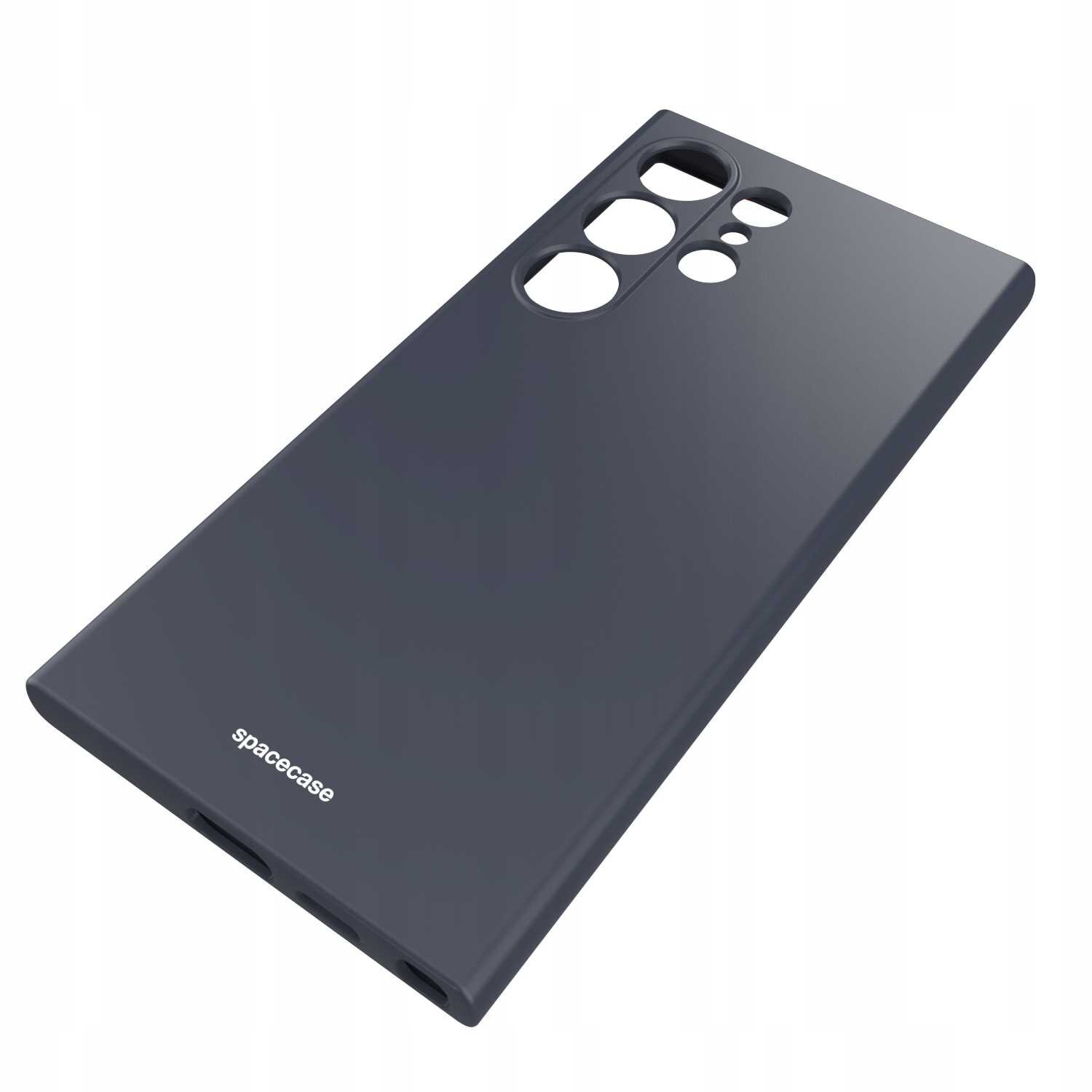Czarne silikonowe etui z wycięciami na aparat i logo \'spacecase\' na dole. Etui jest przeznaczone do telefonu Galaxy S24 Ultra.